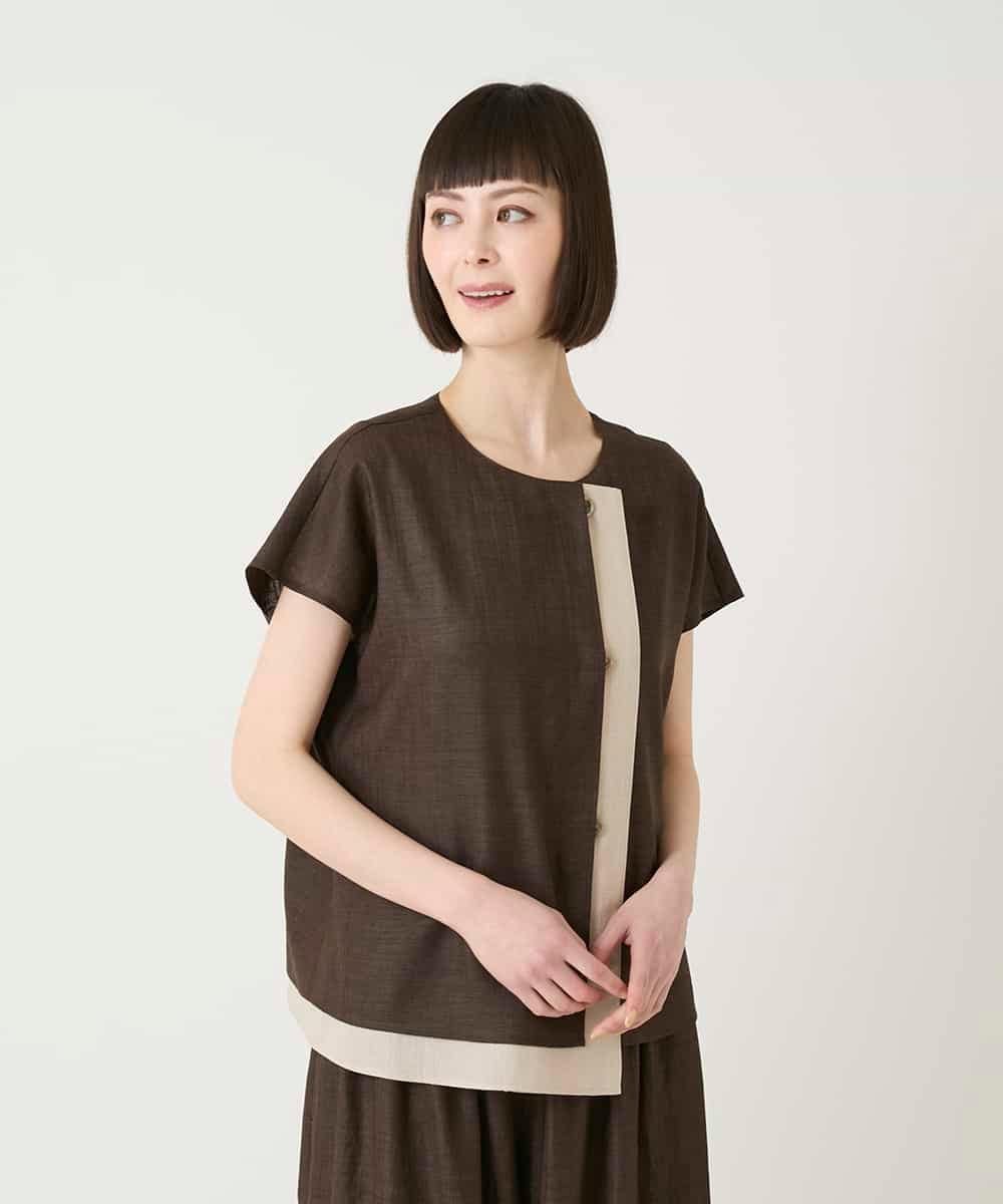 HIROKO BIS GRANDE 【大きいサイズ】カラーブロックデザインブラウス /洗える ヒロコ ビス グランデ トップス シャツ・ブラウス ブラウン