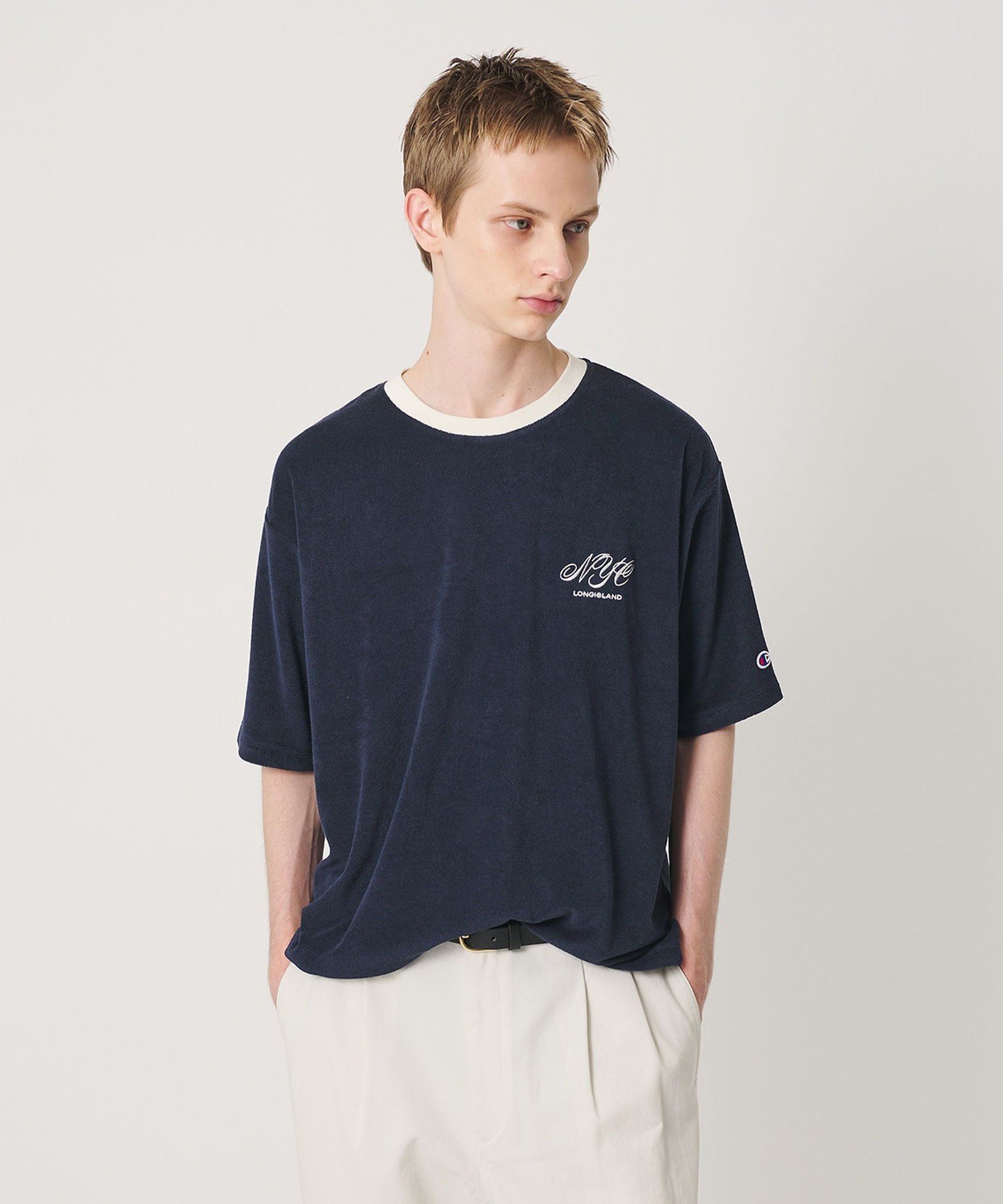 ＜CHAMPION for BEAUTY&YOUTH＞パイル エンブロイダリー Tシャツ ビューティー＆ユース ユナイテッドアローズ トップス カットソー・Tシャツ ブルー ネイビー ホワイト