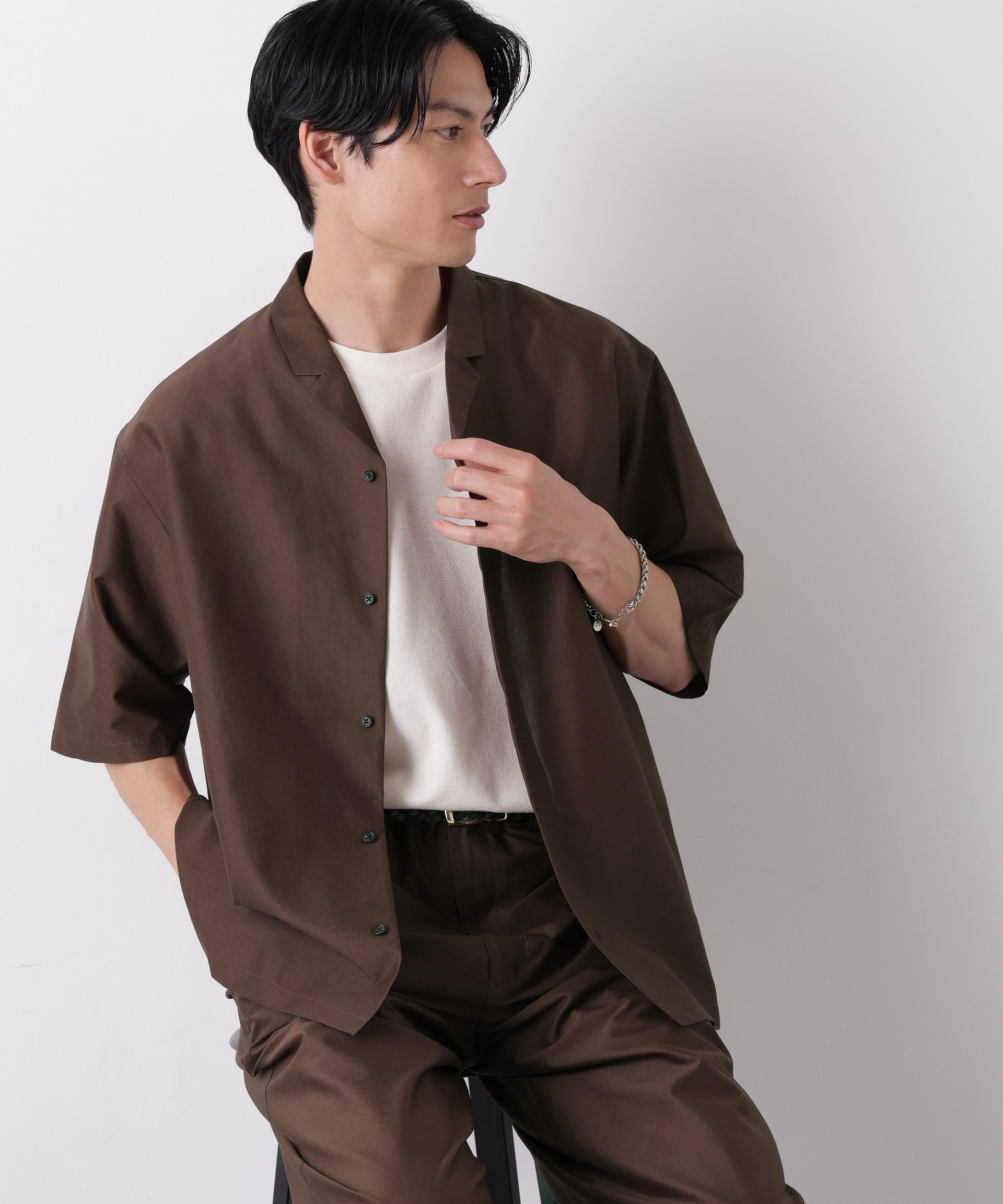 NANO universe 0 ZERO LAYER オープンカラーシャツ(セットアップ可) ナノユニバース トップス シャツ・ブラウス グレー ブラウン ブラック