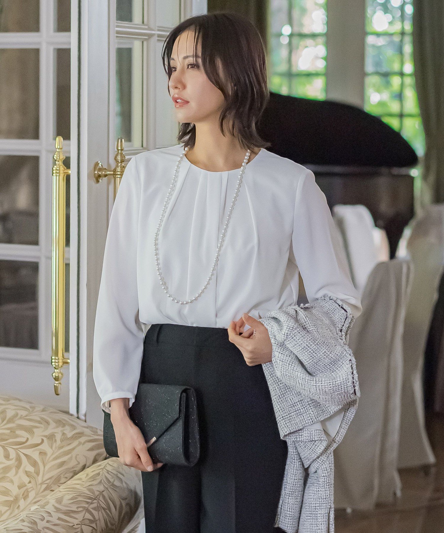LAUTREAMONT SILKPOLYブラウス≪洗濯機で洗える≫ ロートレアモン トップス シャツ・ブラウス ネイビー ホワイト