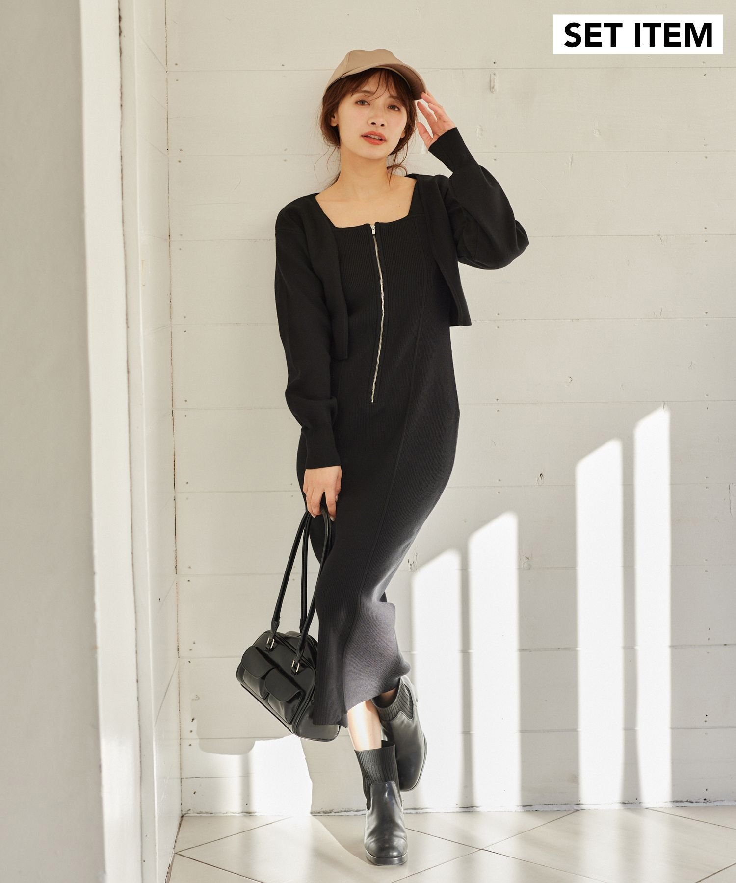 mysty woman ZIPニットワンピース*ボレロSET ミスティウーマン ワンピース・ドレス ワンピース ブラウン ホワイト ブラック