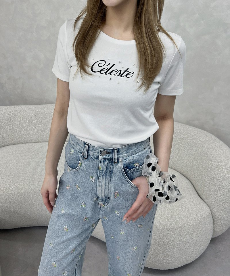 ROYAL PARTY パールビジューロゴ刺しゅうTシャツ ロイヤルパーティー トップス カットソー・Tシャツ ブラック ホワイト ブラウン