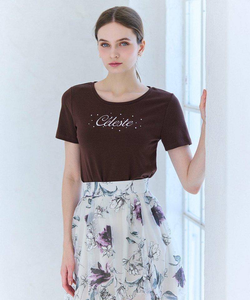 ROYAL PARTY パールビジューロゴ刺しゅうTシャツ ロイヤルパーティー トップス カットソー・Tシャツ ブラック ホワイト ブラウン