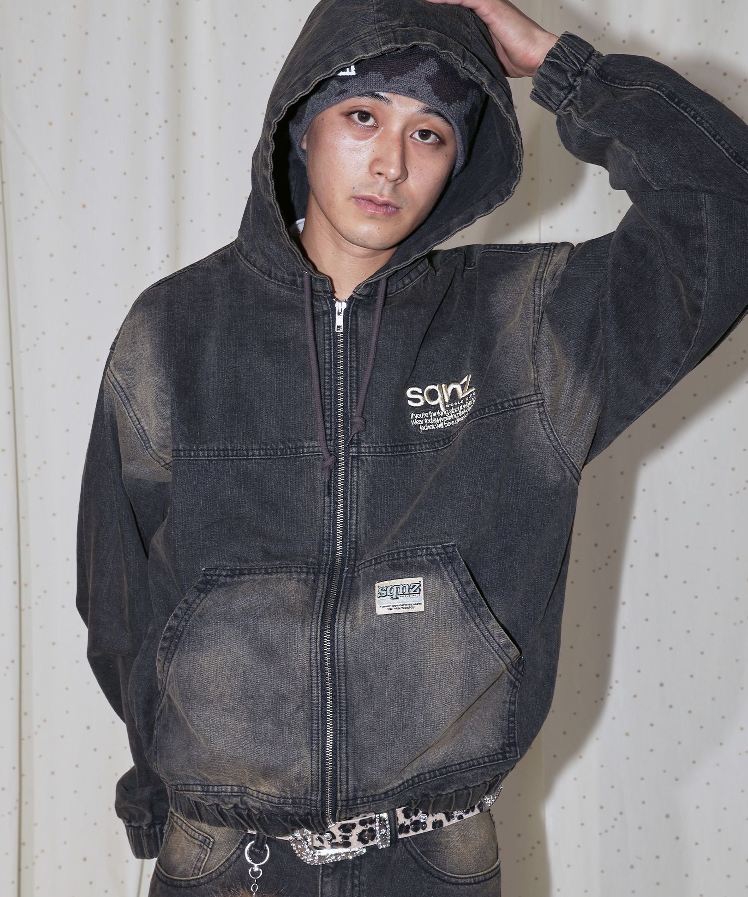 B ONE SOUL 【sqnz(エスキュンズ)】sqnz washed denim jacket / ワイドシルエット 刺繍 男女兼用 ナバル ジャケット・アウター その他のジャケット・アウター ブルー ブラウン ブラック ピンク【送料無料】