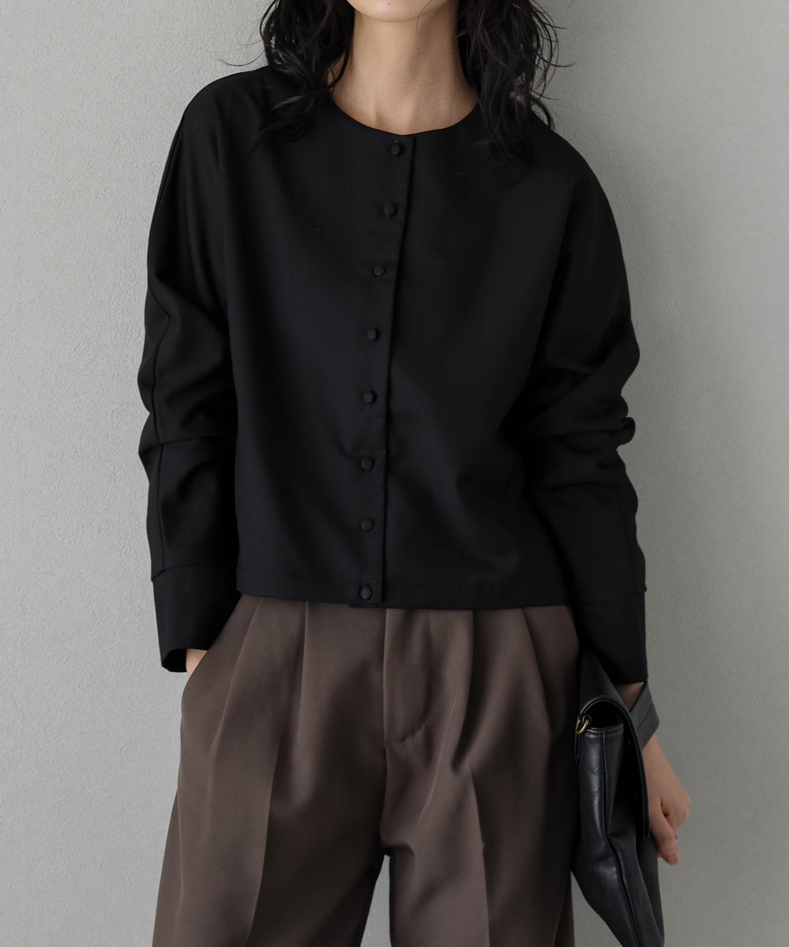 【SALE／44%OFF】La-gemme ノーカラーチェックショートジャケット ラジュール ジャケット・アウター ノーカラージャケット グレー ブラウン ブラック【送料無料】のサムネイル