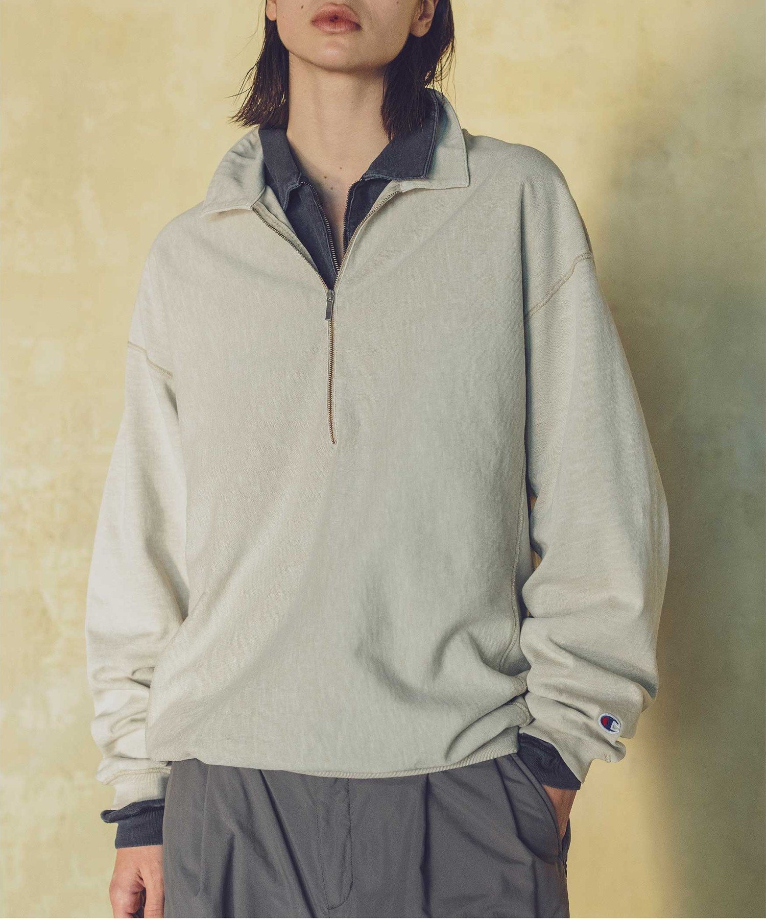 monkey time BEAUTY&YOUTH ＜Champion * monkey time＞ リバースウィーブ ピグメント ジップ ポロシャツ ビューティー＆ユース　ユナイテッドアローズ トップス ポロシャツ ベージュ ブラック【送料無料】のサムネイル