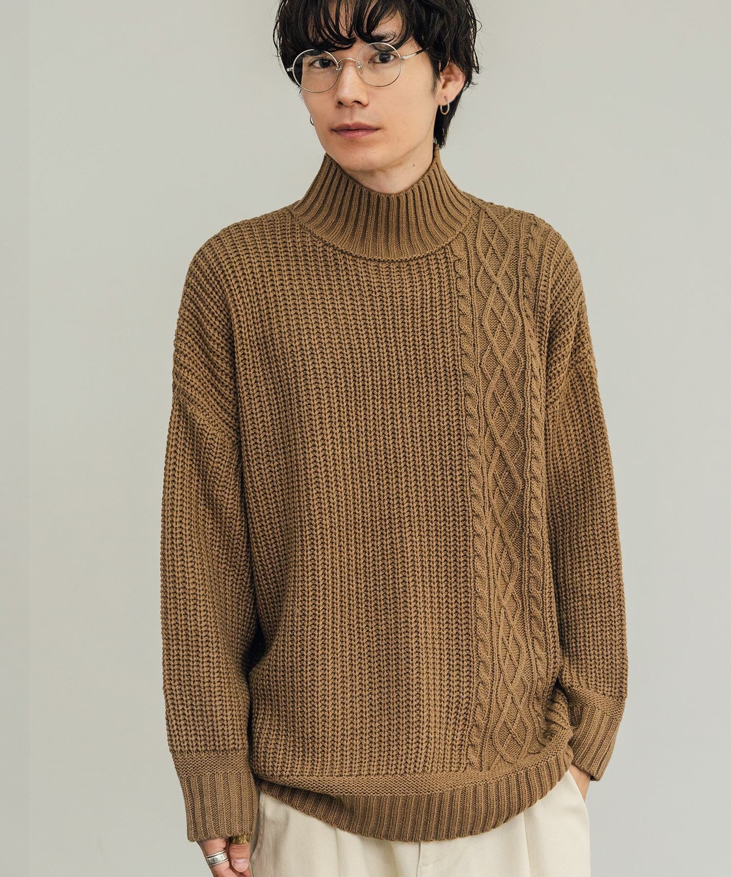 【SALE/25%OFF】improves ケーブル切替 ボトルネック ニットセーター インプローブス トップス ニット ベージュ グレー ブラック ホワイト