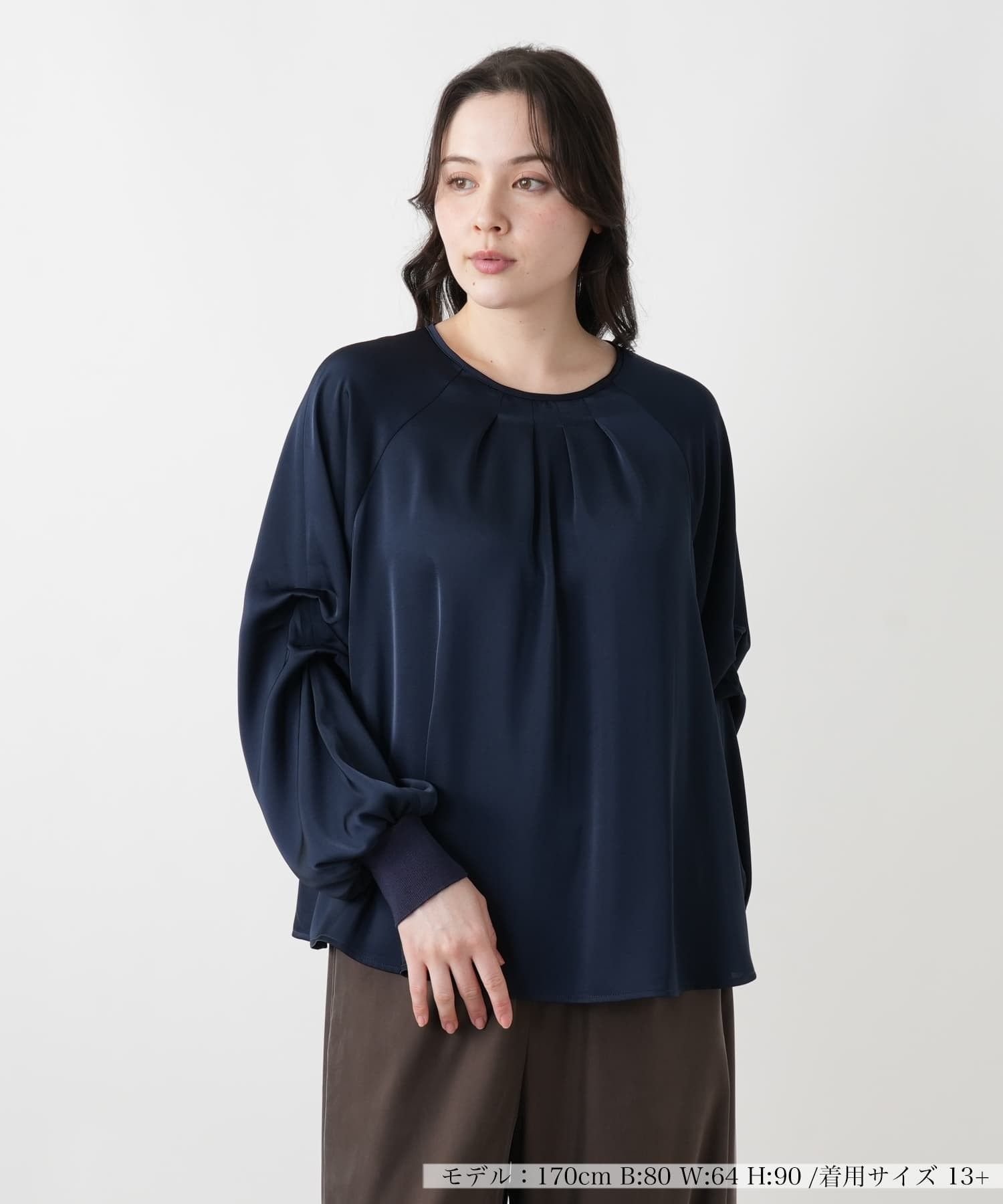 Leilian PLUS HOUSE ランタンスリーブタックブラウス【BOURGE】 レリアン プラスハウス トップス シャツ・ブラウス ベージュ ピンク ネイビー