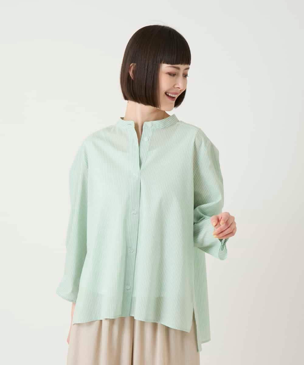 HIROKO BIS GRANDE 【大きいサイズ】ストライプリネンタッチブラウス /洗える ヒロコ ビス グランデ トップス シャツ・ブラウス グリーン ベージュ