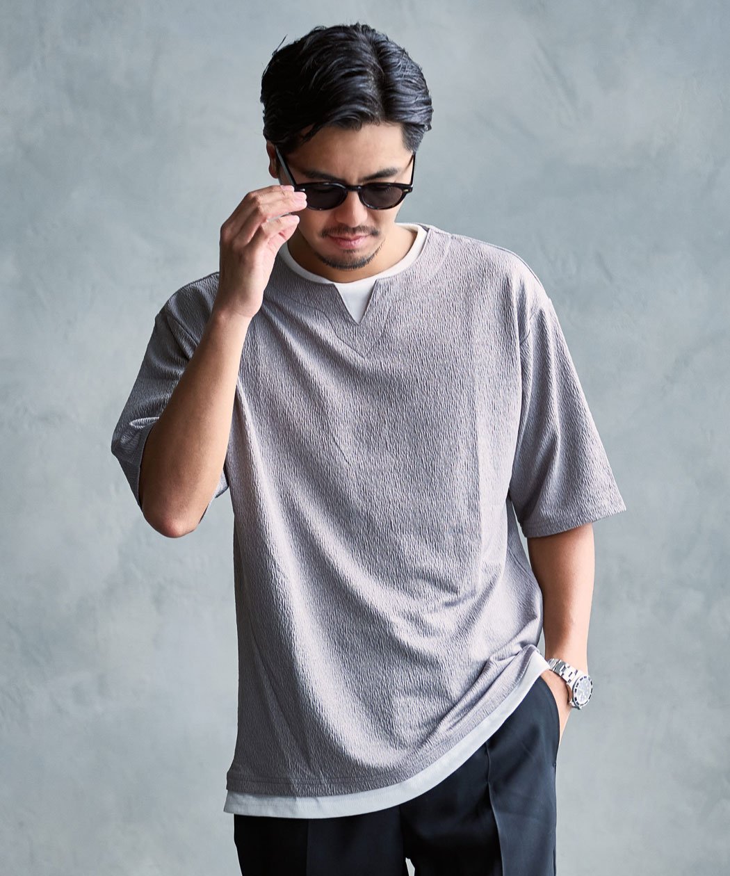 SB select TIMBRE POSTE カット楊柳キーネックフェイクレイヤード半袖Tシャツ シルバーバレット トップス カットソー・Tシャツ グレー