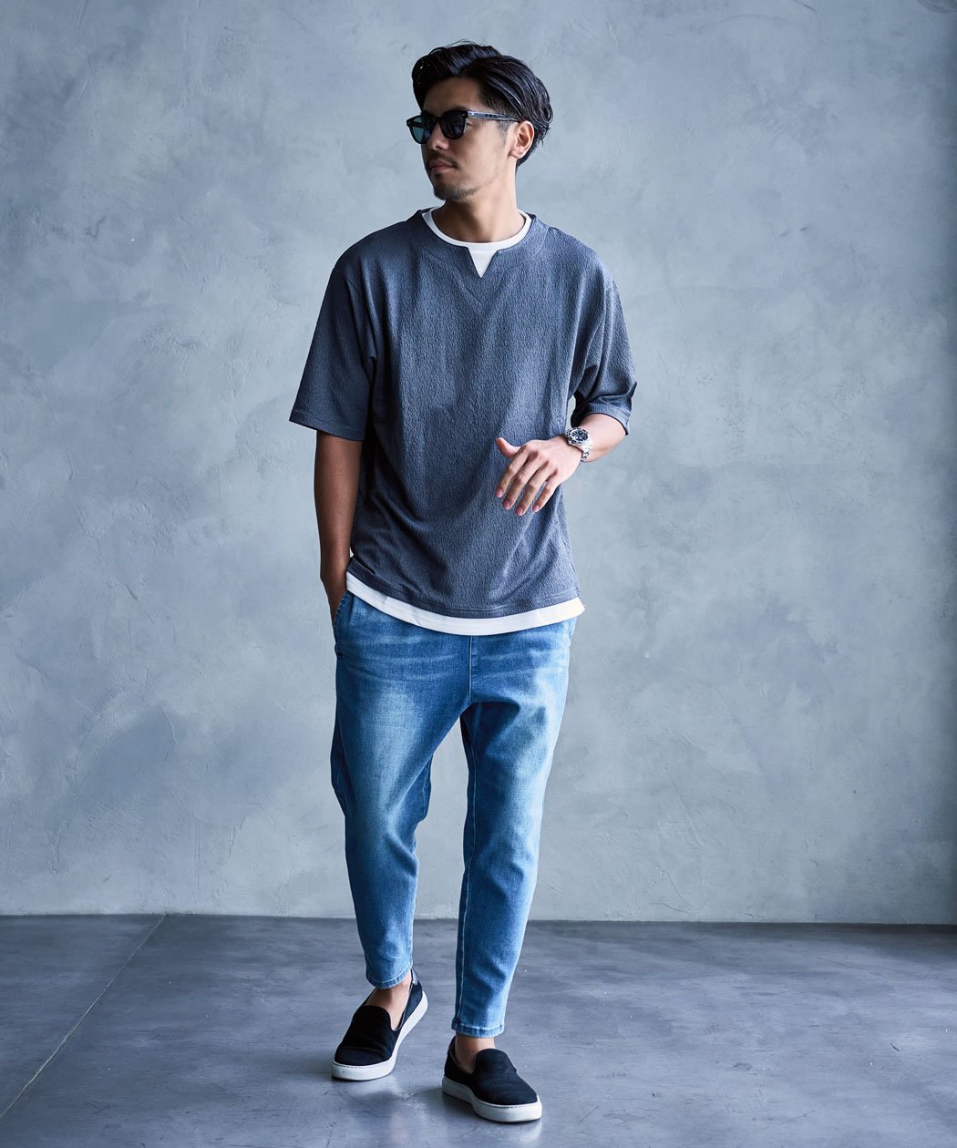 SB select TIMBRE POSTE カット楊柳キーネックフェイクレイヤード半袖Tシャツ シルバーバレット トップス カットソー・Tシャツ グレー
