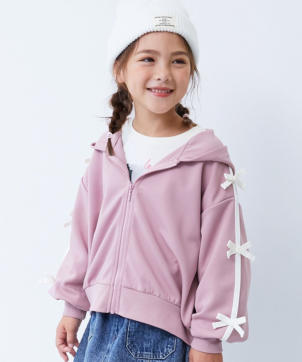 devirock リボン付き サイドライン おめかし ジップパーカー アウター ジャケット 25AW デビロック ジャケット・アウター その他のジャケット・アウター グレー ピンク ブラック ホワイト