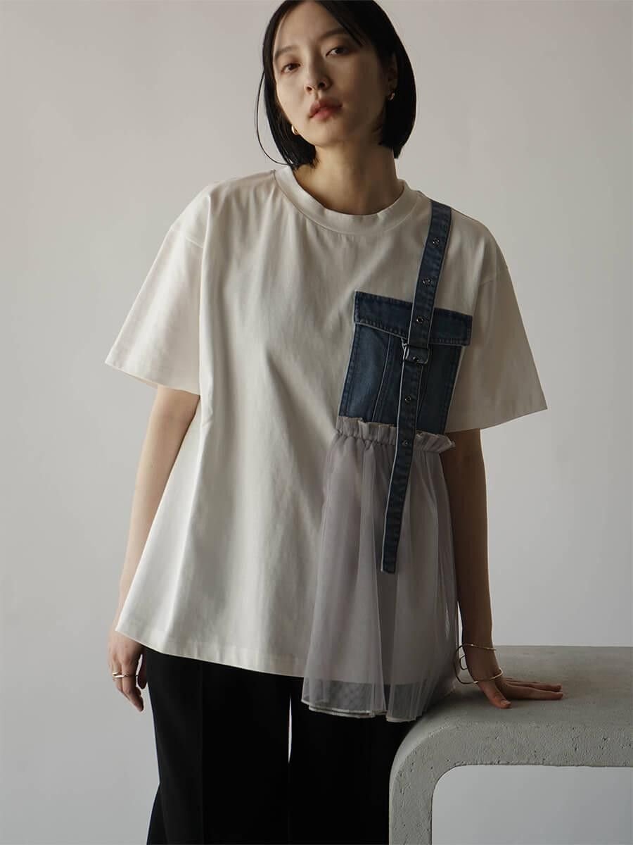 RADIATE デニム×チュールドッキングポケットTシャツ ラシュッド トップス カットソー・Tシャツ ブラック ホワイト ネイビー