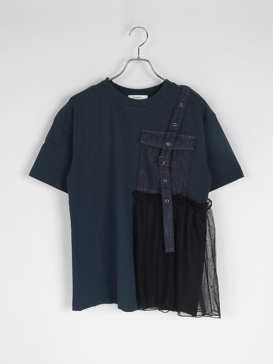 RADIATE デニム×チュールドッキングポケットTシャツ ラシュッド トップス カットソー・Tシャツ ブラック ホワイト ネイビー