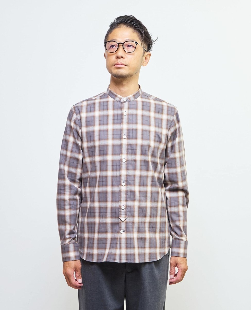 MEN'S MELROSE HITOYOSHIダブルネーム ｜ オンブレチェックバンドカラーシャツ メンズメルローズ トップス シャツ・ブラウス ブラウン