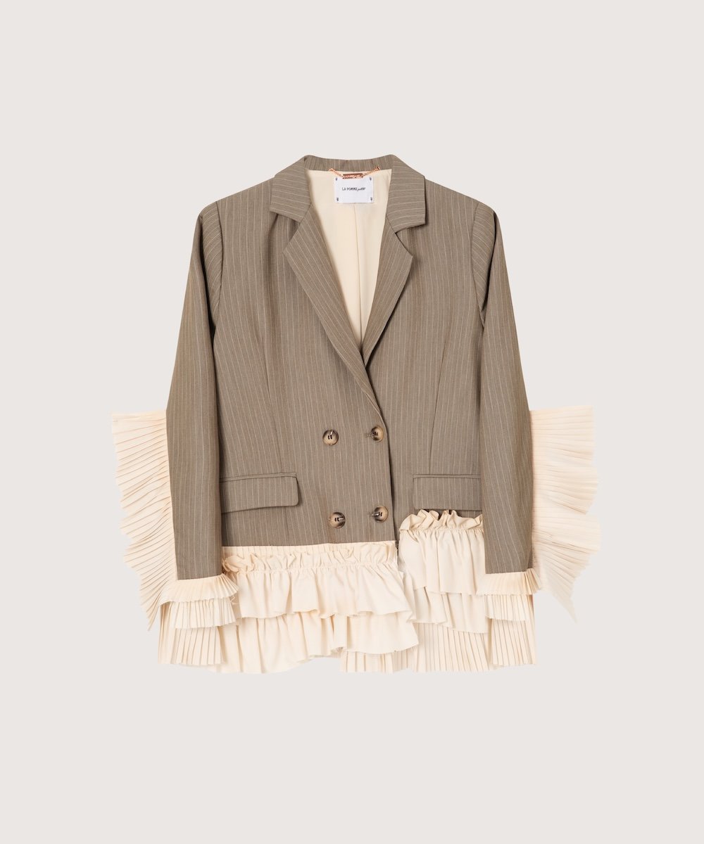 LA POMME petit ・予約商品・Stripe Princess Frill Jacket/ストライププリンセスフリルジャケット ラポミ・プチ ジャケット・アウター テーラードジャケット・ブレザー グレー グリーン