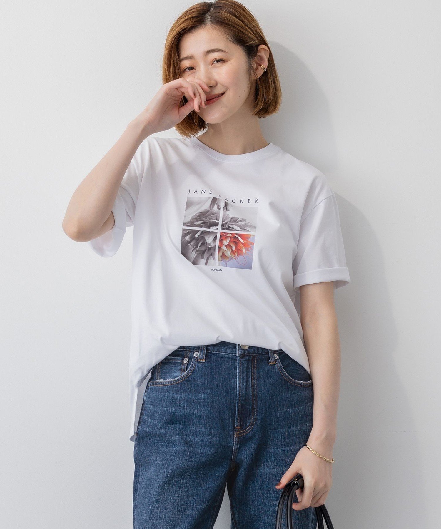 23区 L 【洗える】JANE PACKERコラボ フォトプリント Tシャツ ニジュウサンク トップス カットソー・Tシャツ ブラック ホワイト