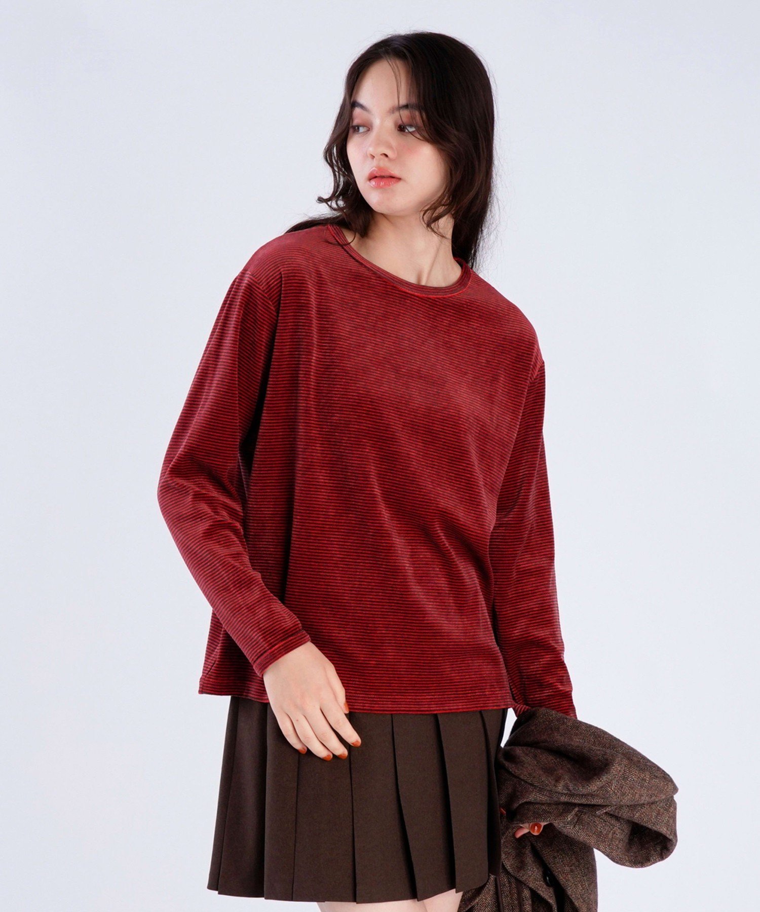 . 【Outlet】ボーダー ベロア ロングスリーブ Tシャツ アニエスベー トップス カットソー・Tシャツ レッド