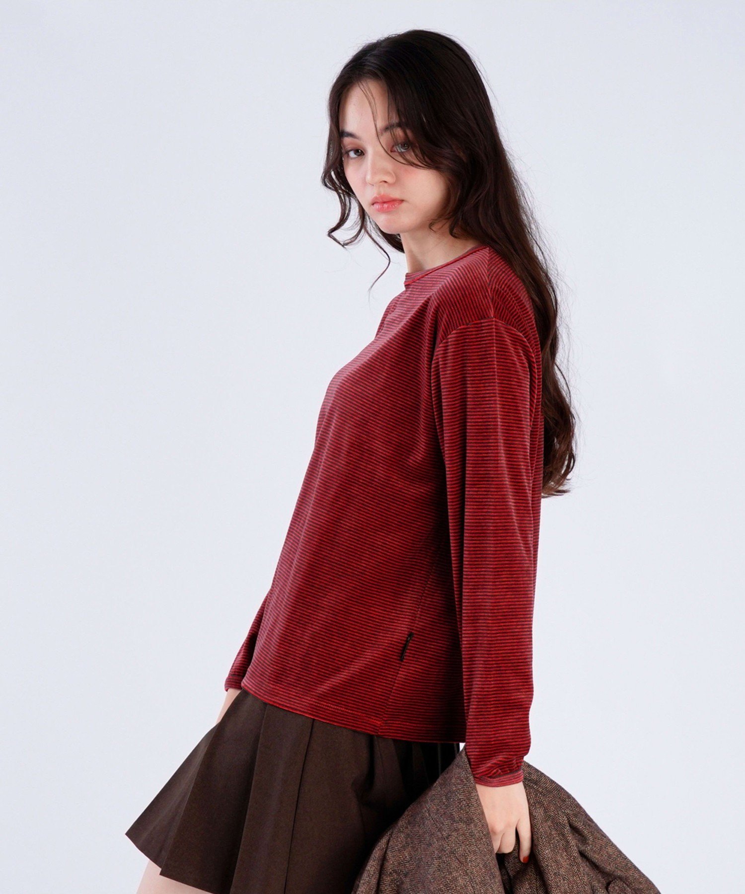 . 【Outlet】ボーダー ベロア ロングスリーブ Tシャツ アニエスベー トップス カットソー・Tシャツ レッド