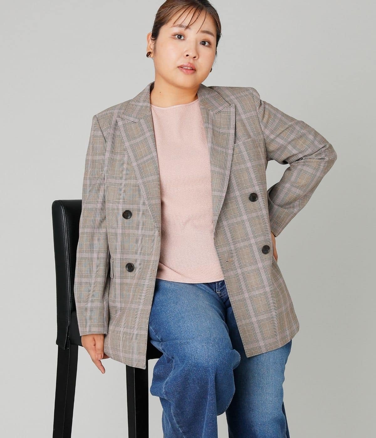 NEWYORKER WOMEN L-SIZE 【L】カラードグレンチェック ピークドラペルダブルブレストジャケット ニューヨーカー エルサイズ ジャケット・アウター テーラードジャケット・ブレザー ブラウン【送料無料】