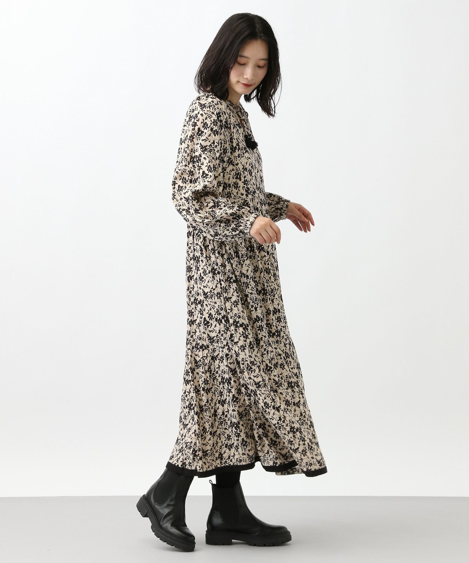 natural by clip 《natural by clip》フラワープリントワンピース スタディオクリップ ワンピース・ドレス ワンピース ベージュ ブラック【送料無料】