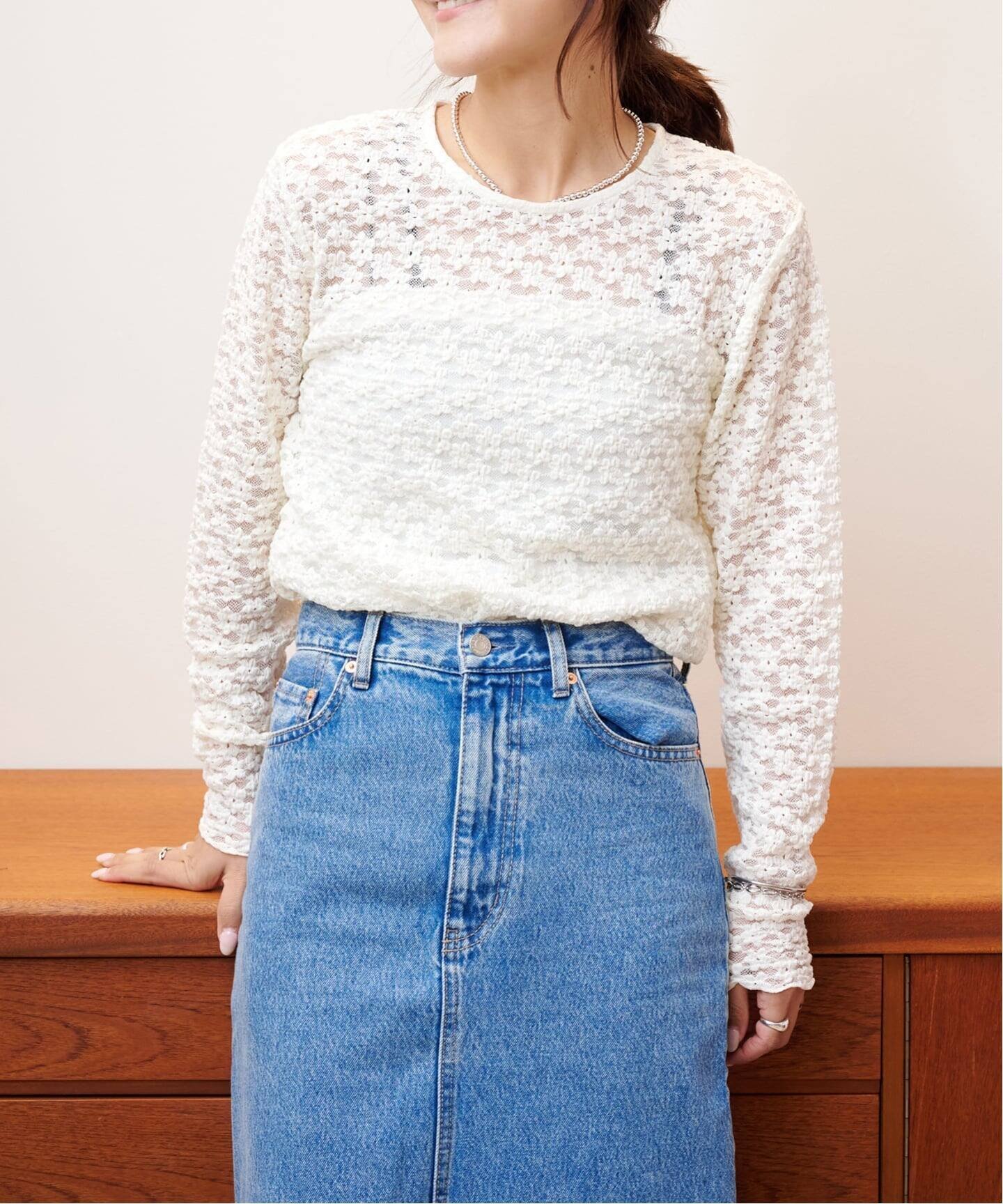 フラワーストレッチカットレースプルオーバー アウトドアプロダクツユージュアルシングス トップス カットソー・Tシャツ ブラウン ベージュ
