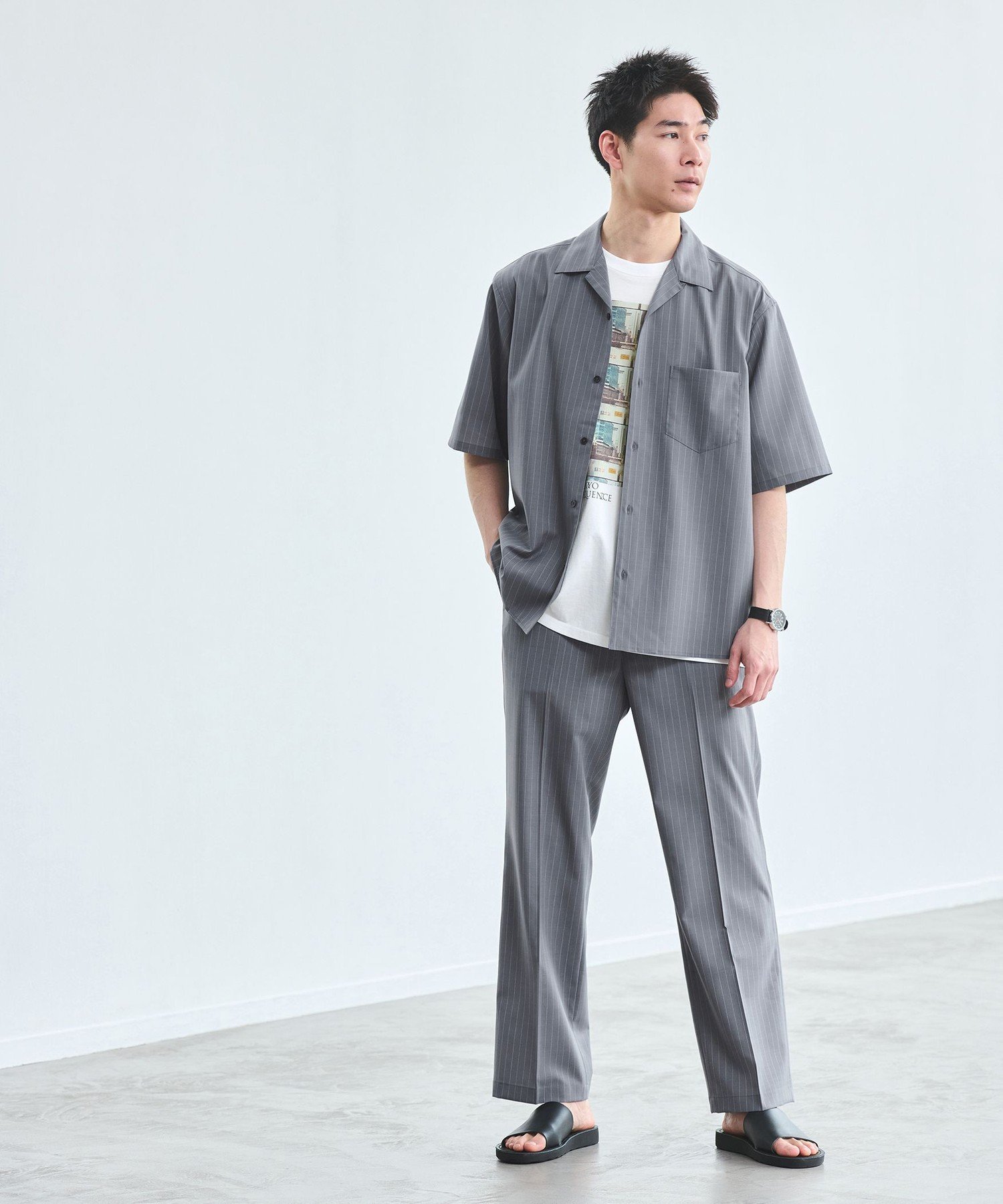【SALE／50%OFF】UNITED ARROWS green label relaxing ウォッシャブルトロ ストライプ ジャストルーズ オープンカラーシャツ -ストレッチ- ユナイテッドアローズ アウトレット トップス シャツ・ブラウス ネイビー グレー【送料無料】