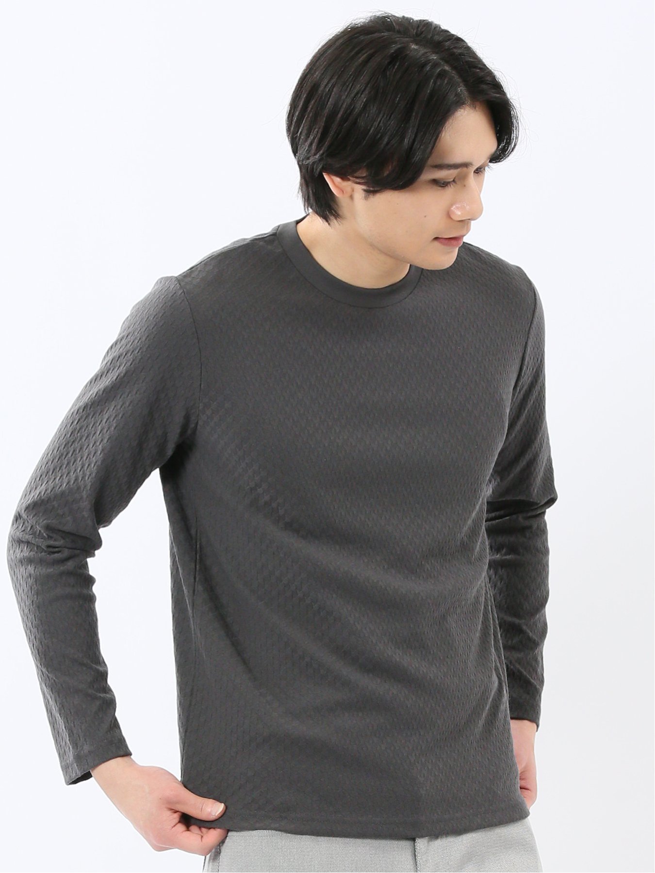 【SALE／30%OFF】TAKA-Q 千鳥ジャガード クルーネック長袖Tシャツ タカキュー トップス カットソー・Tシャツ ホワイト グレー