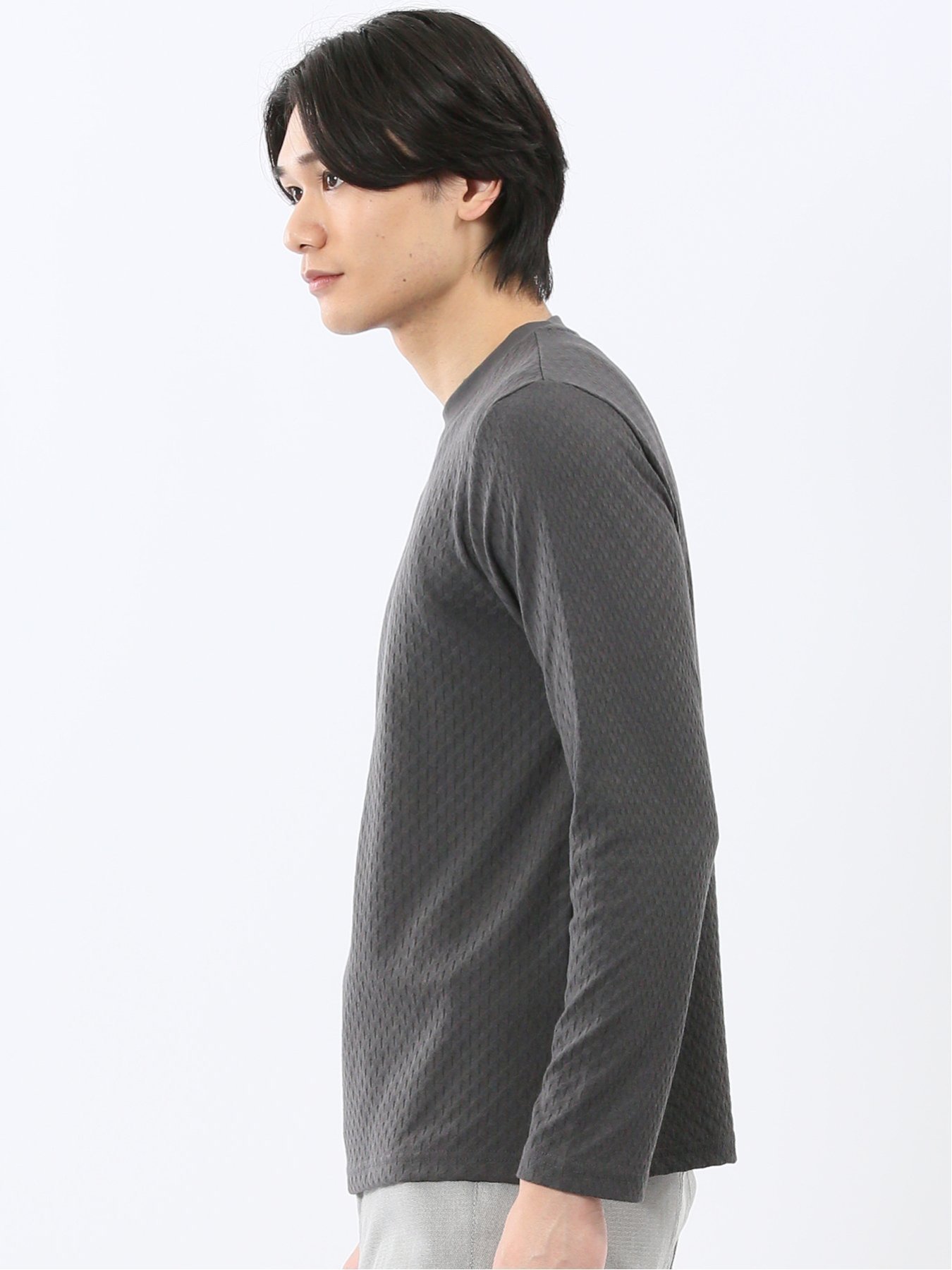 【SALE／30%OFF】TAKA-Q 千鳥ジャガード クルーネック長袖Tシャツ タカキュー トップス カットソー・Tシャツ ホワイト グレー