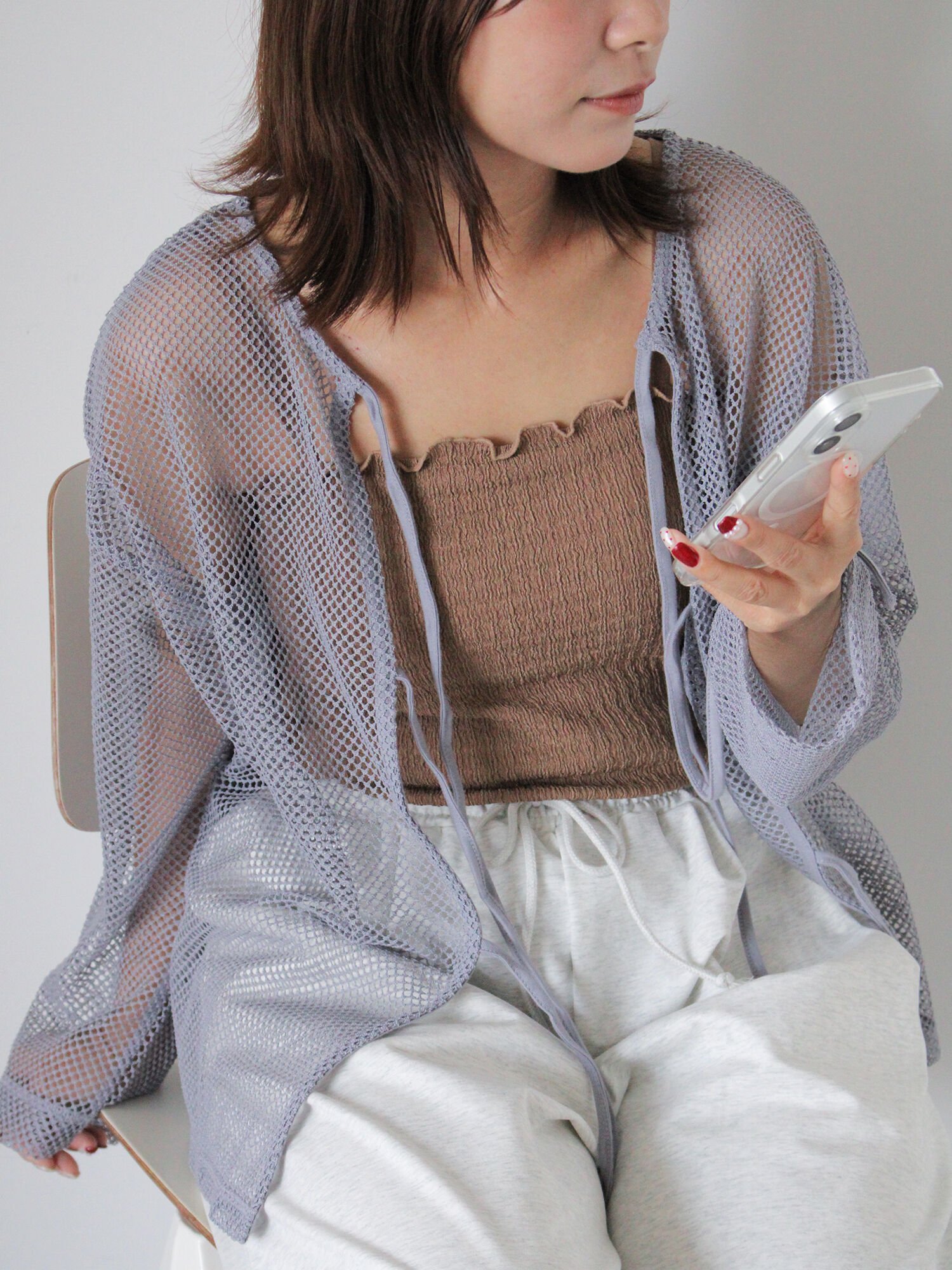 【SALE／69%OFF】ehka sopo 前後2WAYメッシュリボンカーディガン エヘカソポ トップス カーディガン グレー ベージュ ブラック