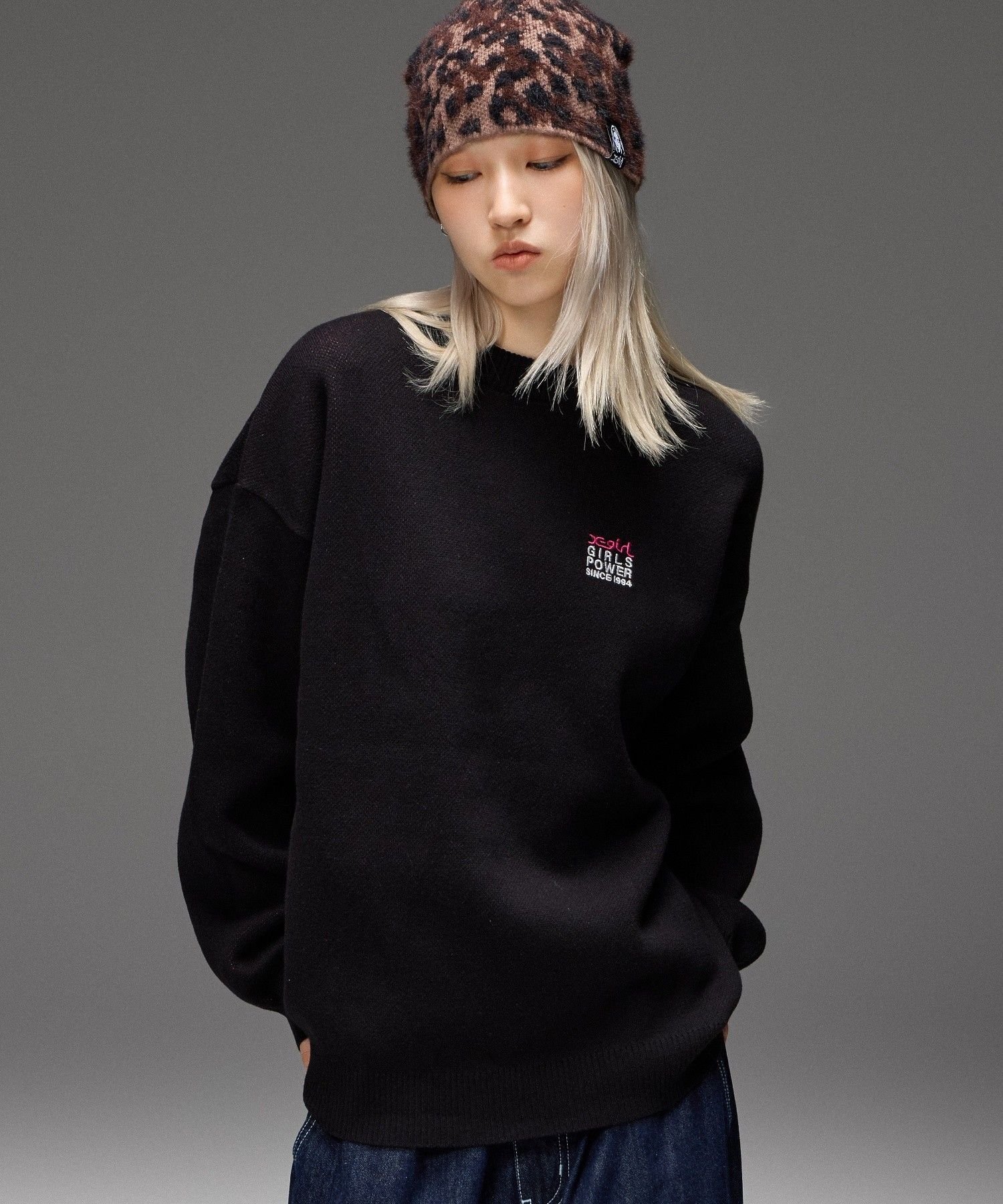 X-girl BOX LOGO AND FACE JACQUARD KNIT TOP エックスガール トップス ニット ブラック