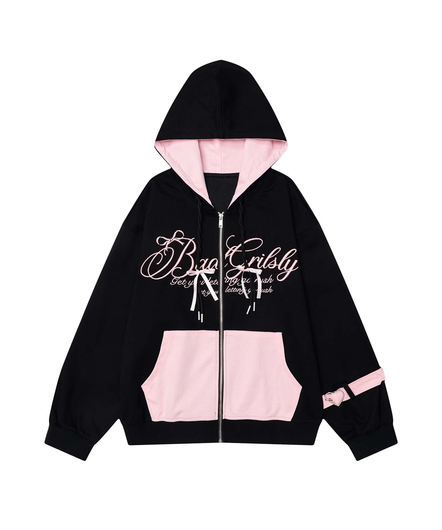 【SALE／20%OFF】HOOK 【HOOK】for girls バイカラー刺繍ジップパーカー アイモハ トップス パーカー・フーディー ピンク ブラック【送料無料】