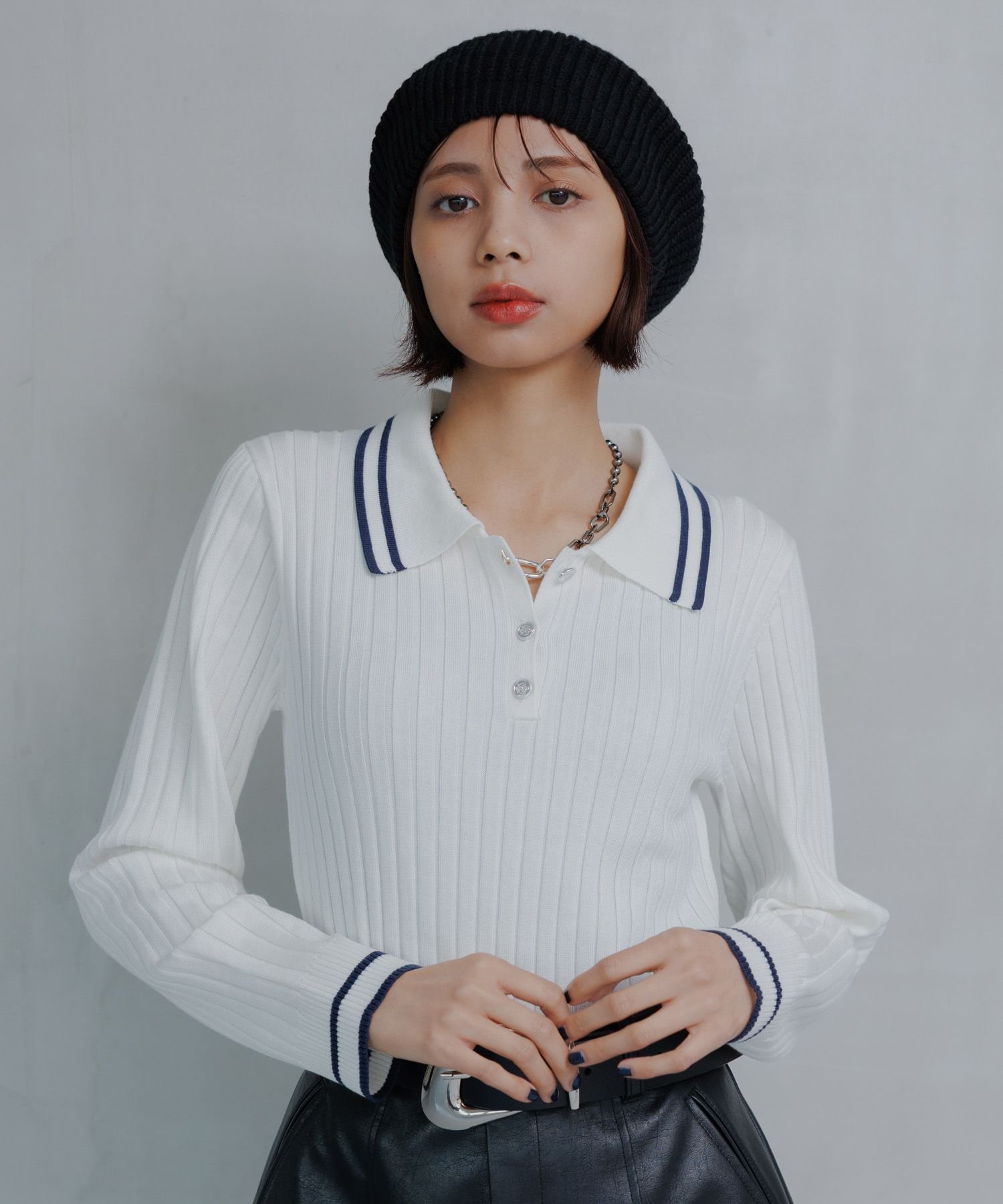 PAGEBOY ハイショクラインポロニット ページボーイ トップス ニット ネイビー ホワイト ブラック