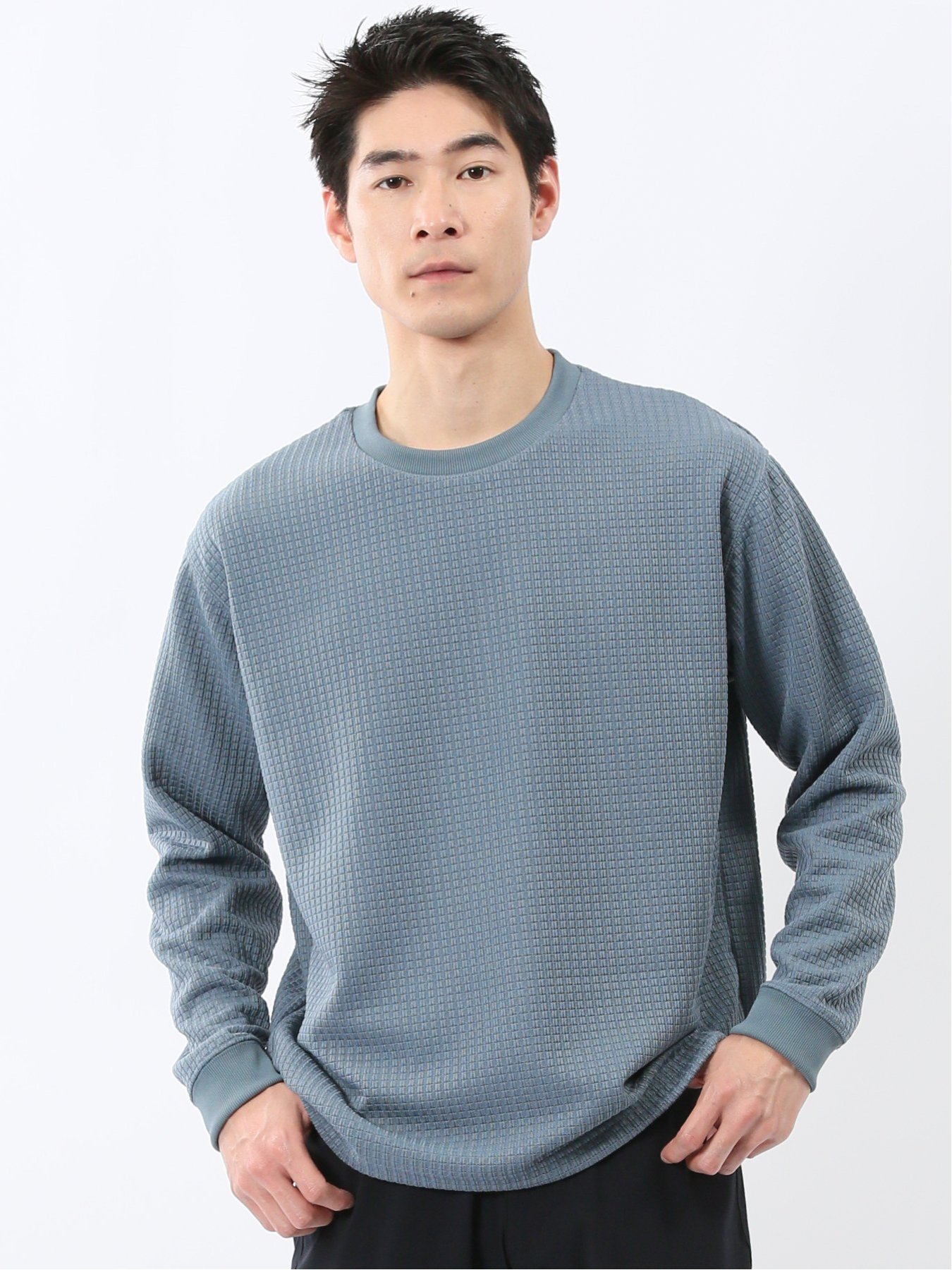 【SALE／30%OFF】TAKA-Q ブロックジャガード クルーネック長袖Tシャツ タカキュー トップス カットソー・Tシャツ ブルー