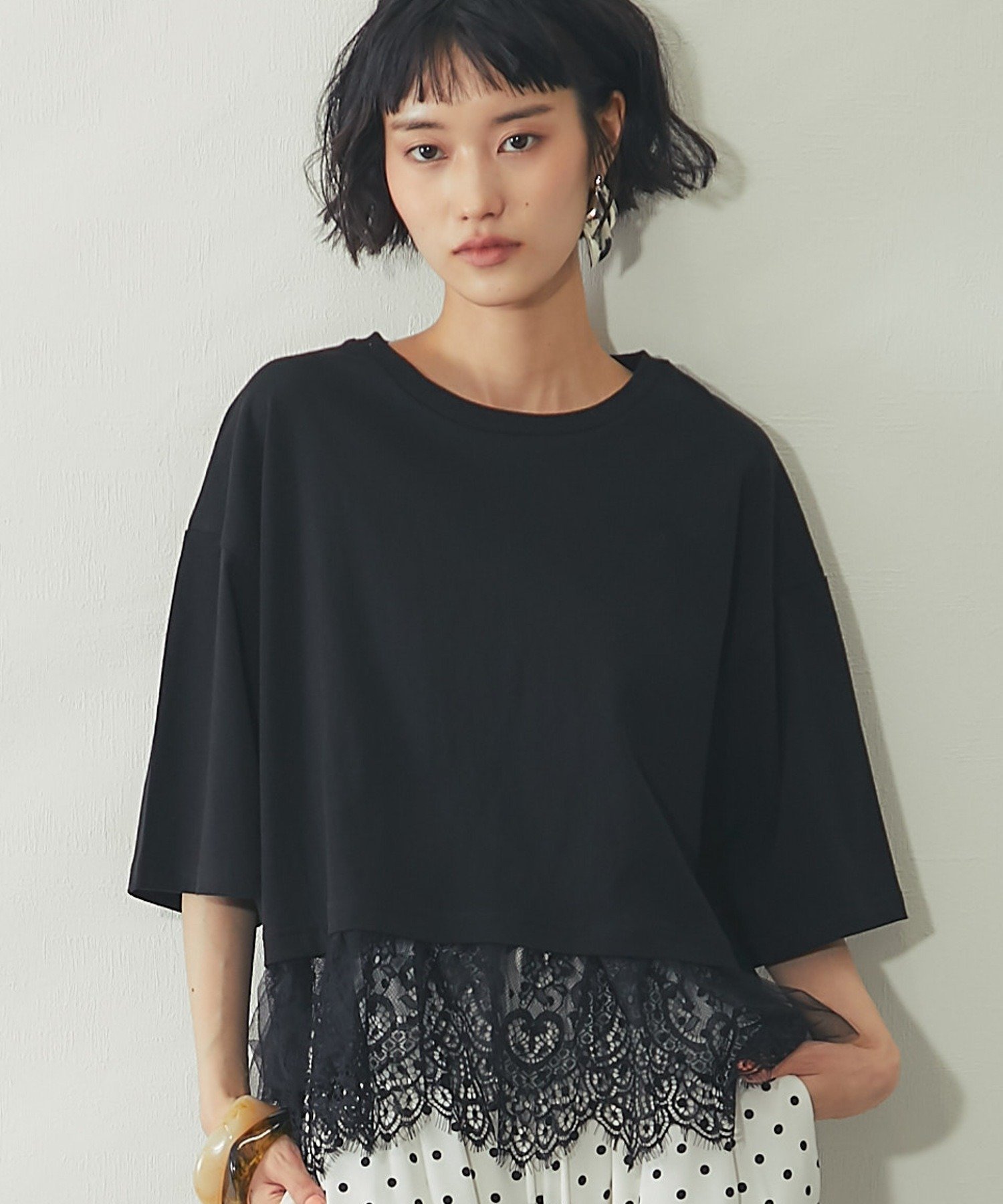 ANOTHER S 裾レースドッキングT スマイルオーキッド トップス カットソー・Tシャツ ホワイト ブラック