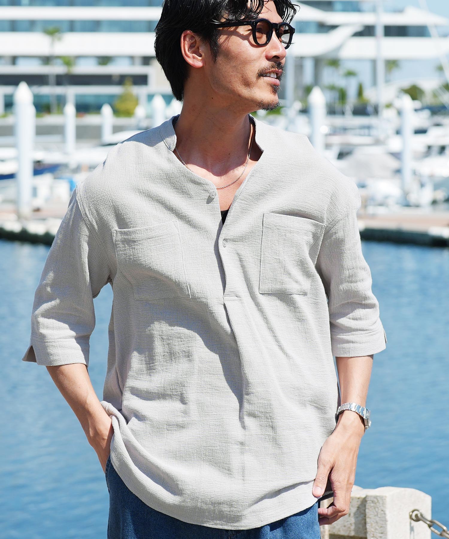 JIGGYS SHOP SELECT パナマ織り 5分袖 スタンド スキッパーシャツ 無地 涼感 春夏 26SS ジギーズショップ トップス シャツ・ブラウス ネイビー ベージュ グレー ホワイト