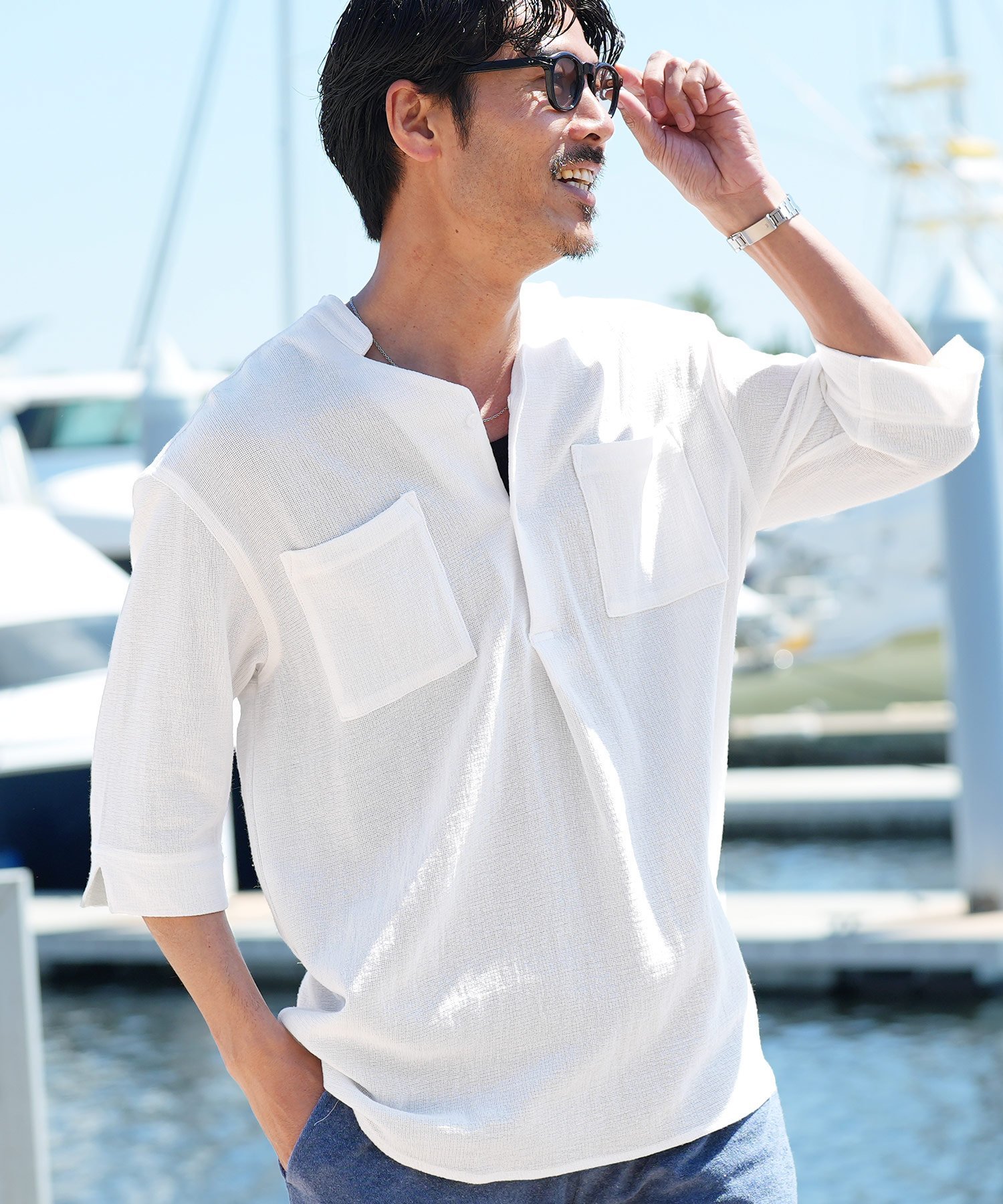 JIGGYS SHOP SELECT パナマ織り 5分袖 スタンド スキッパーシャツ 無地 涼感 春夏 26SS ジギーズショップ トップス シャツ・ブラウス ネイビー ベージュ グレー ホワイト