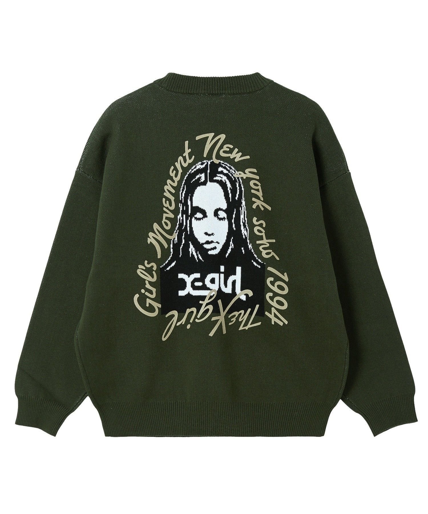 X-girl HAND DRAWN LOGO AND FACE KNIT TOP エックスガール トップス ニット グリーン ブラック ホワイト