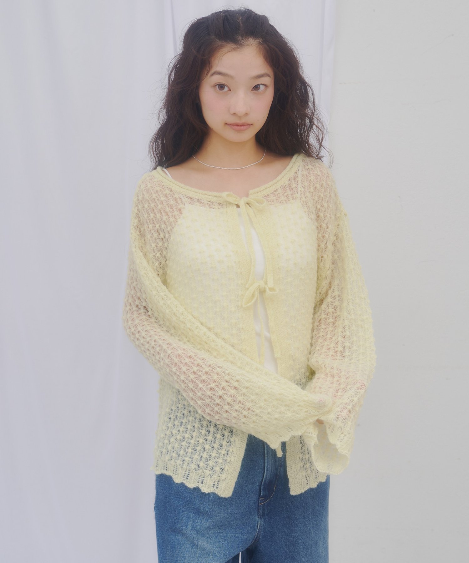 【umm.】前リボンモヘアライクルーズニット ディスコート トップス ニット グリーン ホワイト ブルー グレー