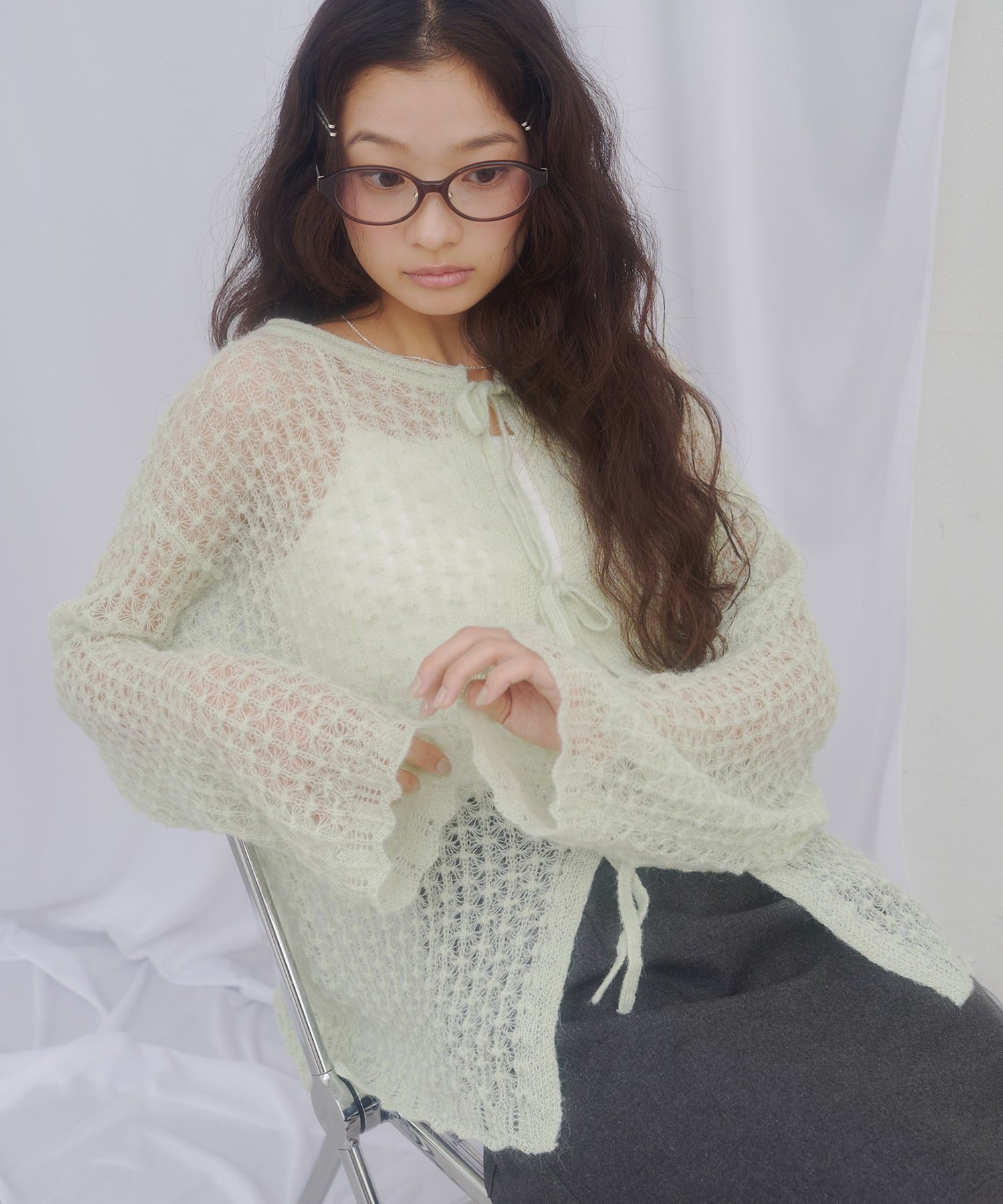 Discoat 【umm.】前リボンモヘアライクルーズニット ディスコート トップス ニット グリーン ホワイト ブルー グレー【送料無料】