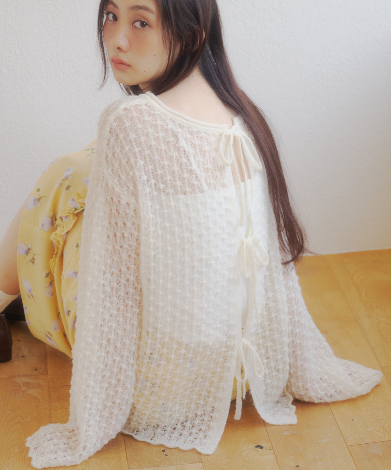 【umm.】前リボンモヘアライクルーズニット ディスコート トップス ニット グリーン ホワイト ブルー グレー