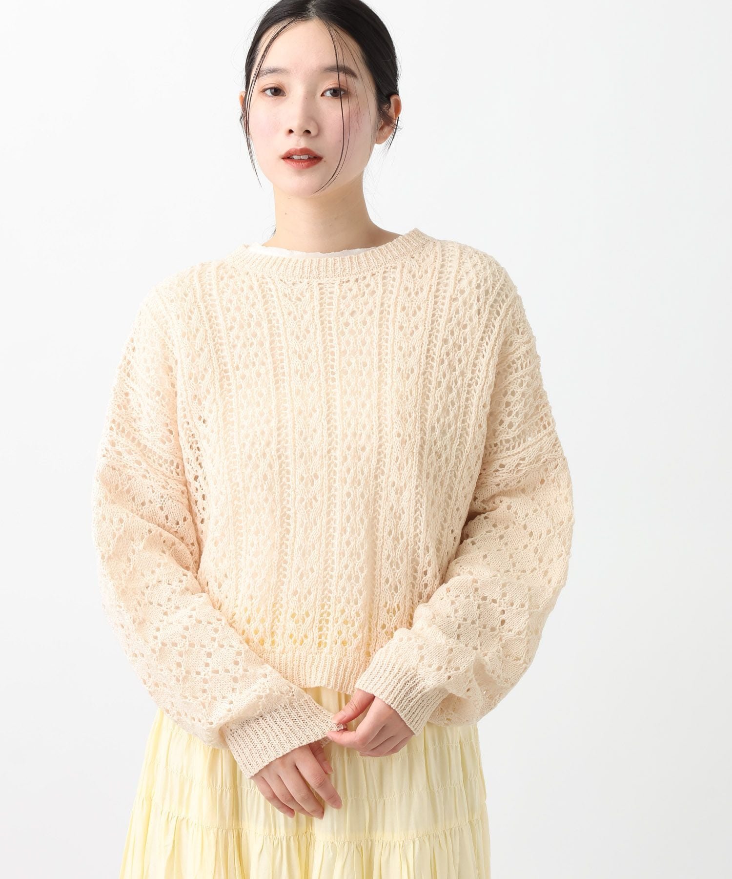 natural by clip 《natural by clip》テープヤーン透かしプルオーバー スタディオクリップ トップス ニット ベージュ ホワイト
