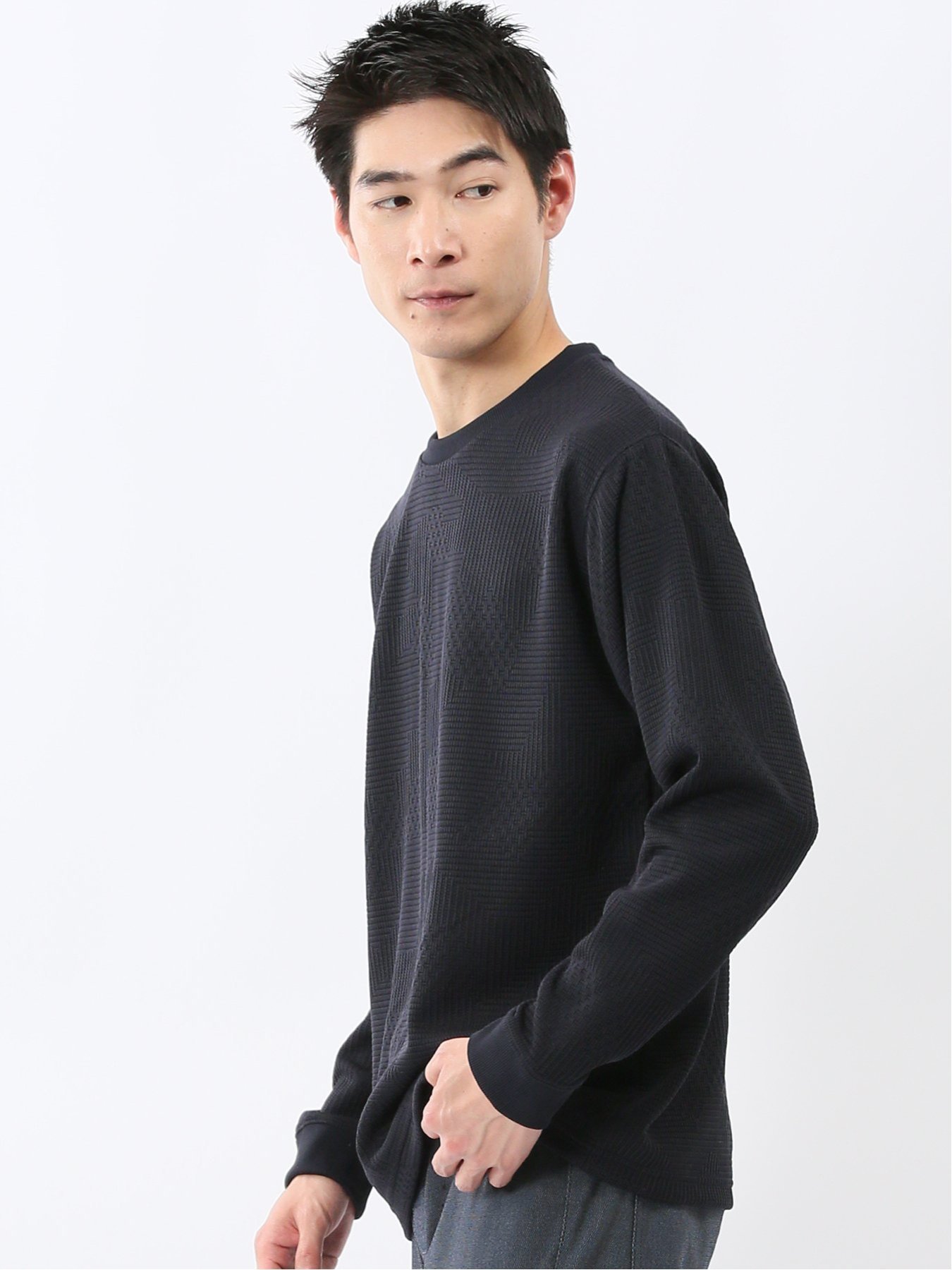 【SALE／30%OFF】TAKA-Q ランダムジャガード クルーネック長袖Tシャツ タカキュー トップス カットソー・Tシャツ ネイビー グレー