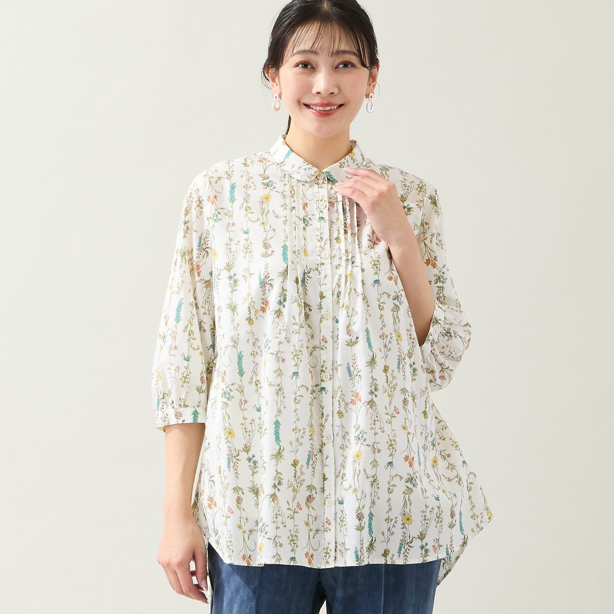 missel 【洗える・綿100%・L~4Lサイズ】ボタニカル柄コットンシャツ ミゼール トップス シャツ・ブラウス ホワイト