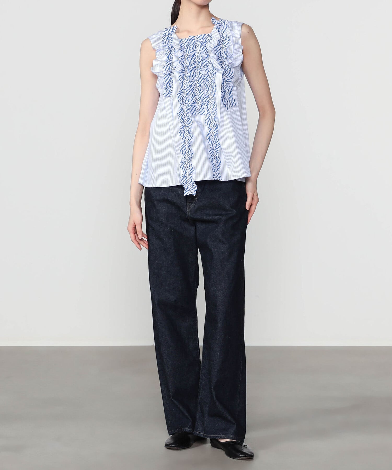 Bshop RhodolirioN ｜ コットン スリーブレス フリルシャツ STRIPE WOMEN ビショップ トップス シャツ・ブラウス ブルー