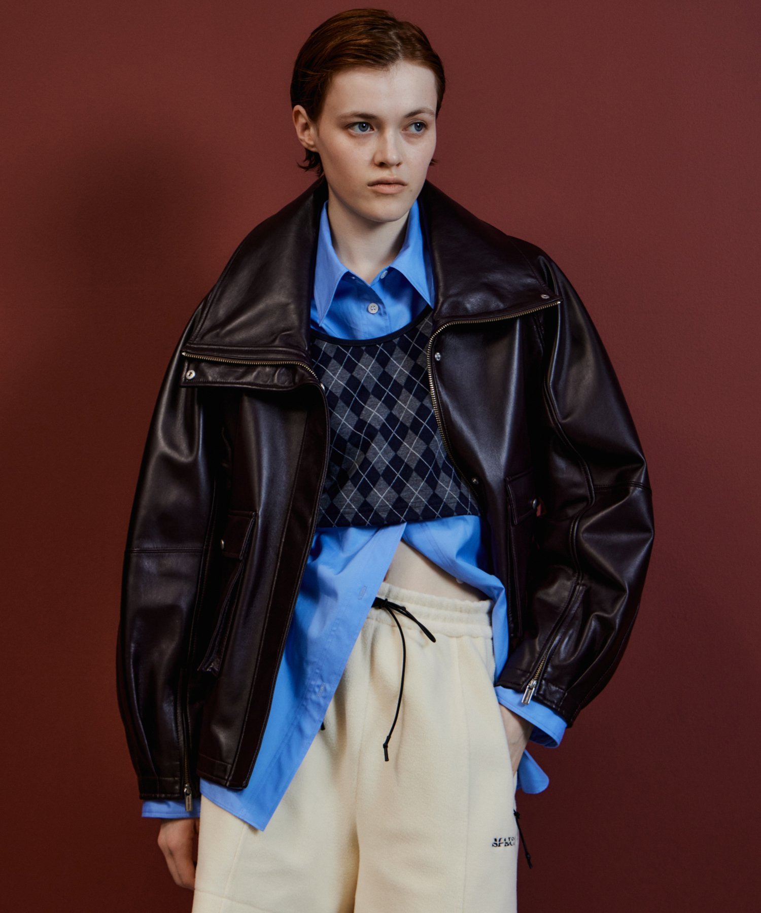 MAISON SPECIAL Oversized Stand Collar Leather Blouson メゾンスペシャル ジャケット・アウター その他のジャケット・アウター ブラック ブラウン