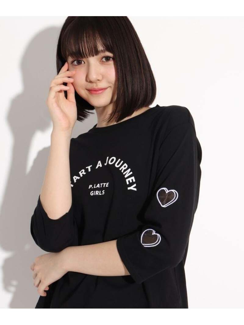 PINK-latte 【コットン100%】透かしハートモチーフロングTシャツ ピンク ラテ トップス その他のトップス ブラック グリーン イエロー パープルのサムネイル