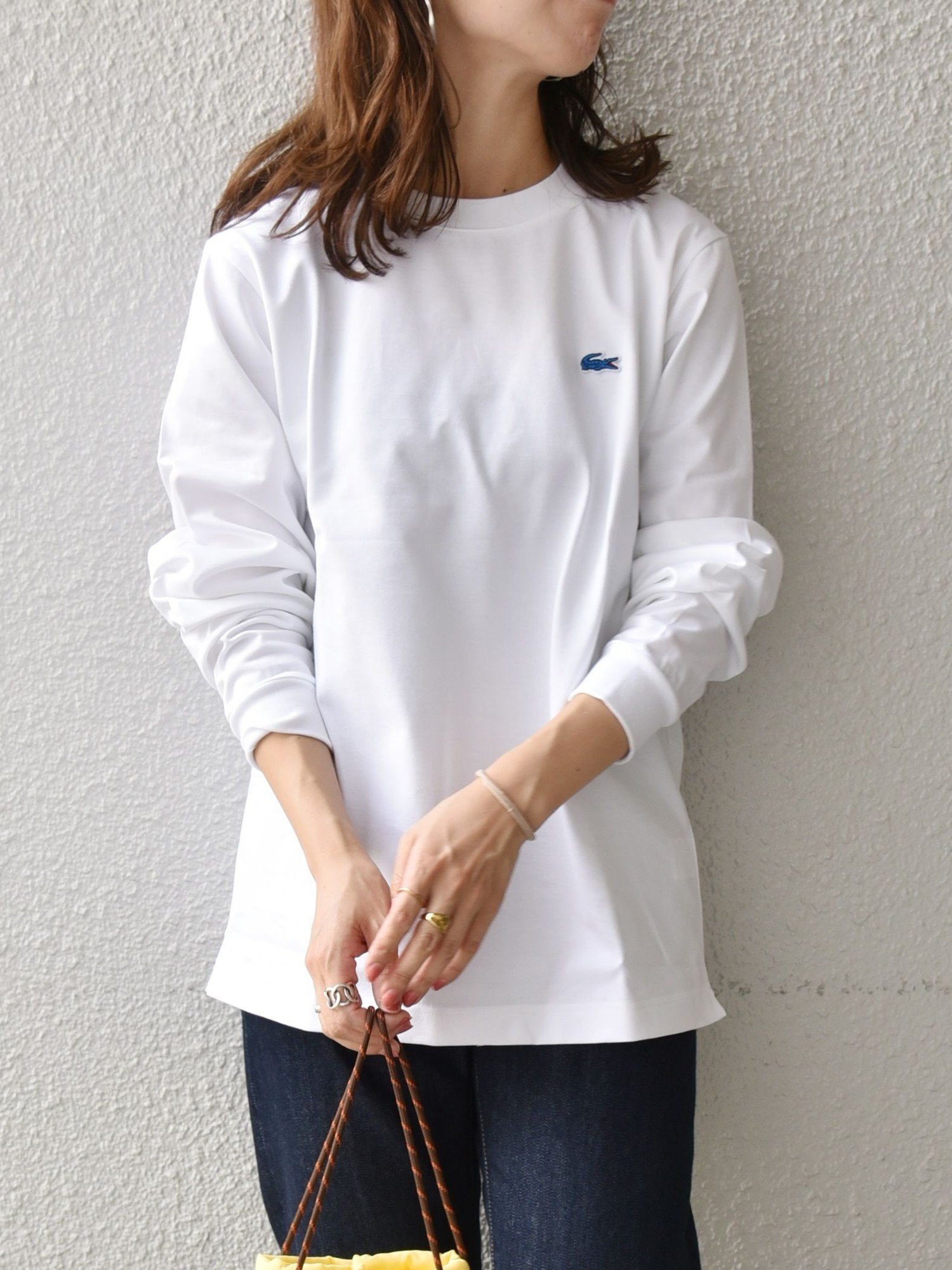 SHIPS any 【SHIPS any別注】LACOSTE: NEW ヘビーウェイト コットン 長袖Tシャツ◇ シップス カットソー Tシャツ ホワイト ブラウン ブルー ネイビー【送料無料】