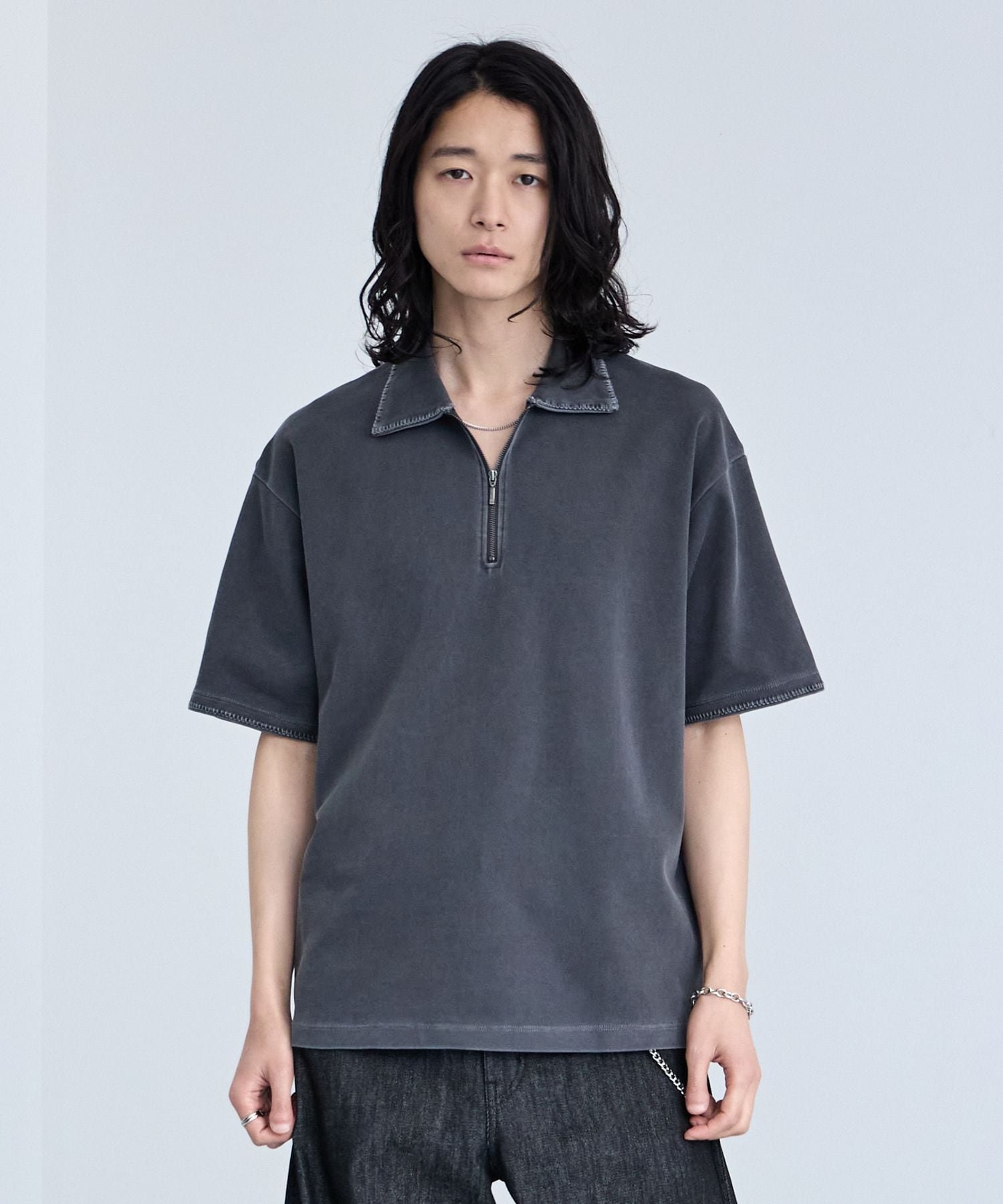 RAGEBLUE ピグメント加工/ハンドステッチハーフジップTシャツ レイジブルー トップス シャツ・ブラウス ホワイト ブルー ブラウン
