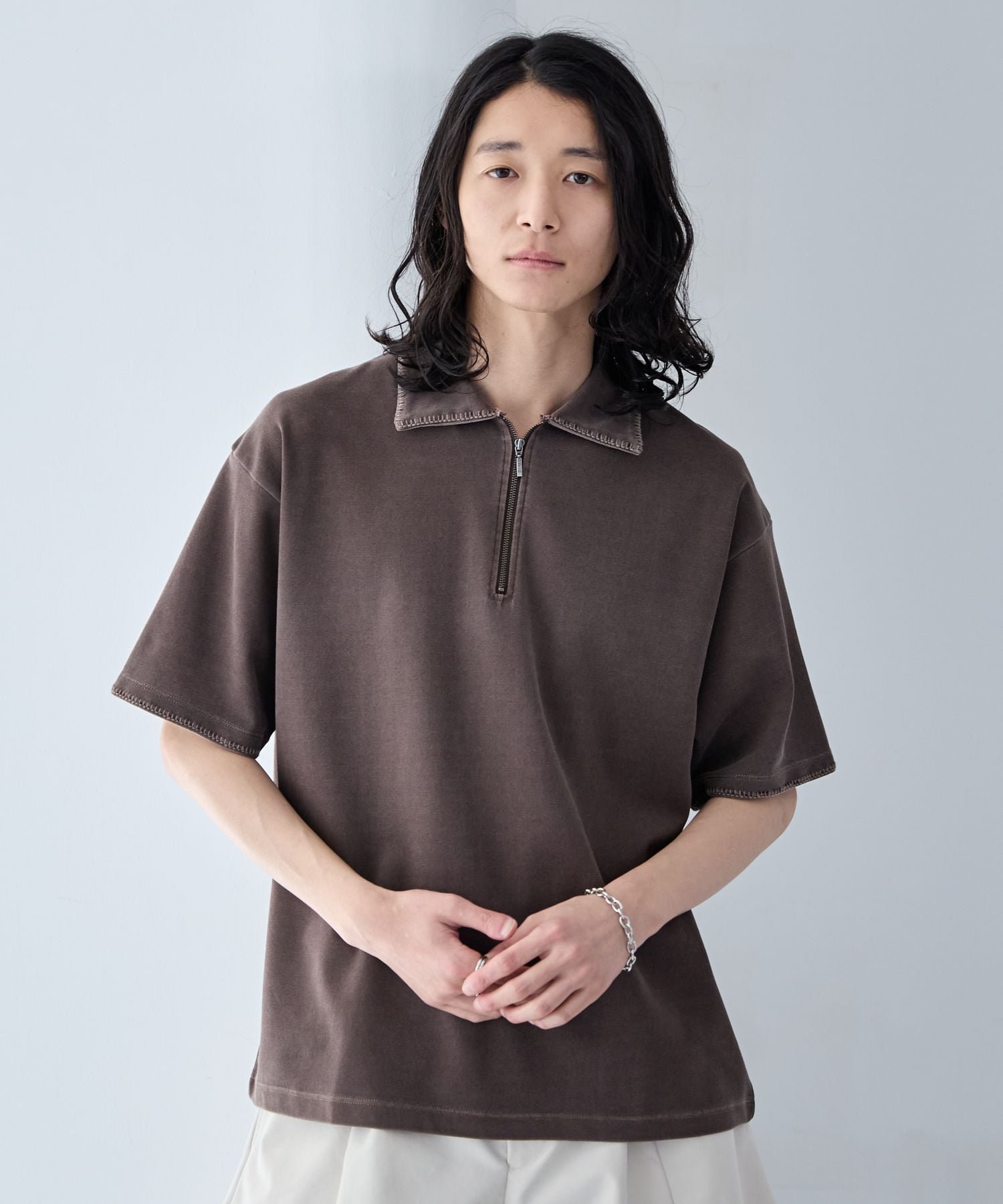 RAGEBLUE ピグメント加工/ハンドステッチハーフジップTシャツ レイジブルー トップス シャツ・ブラウス ホワイト ブルー ブラウン